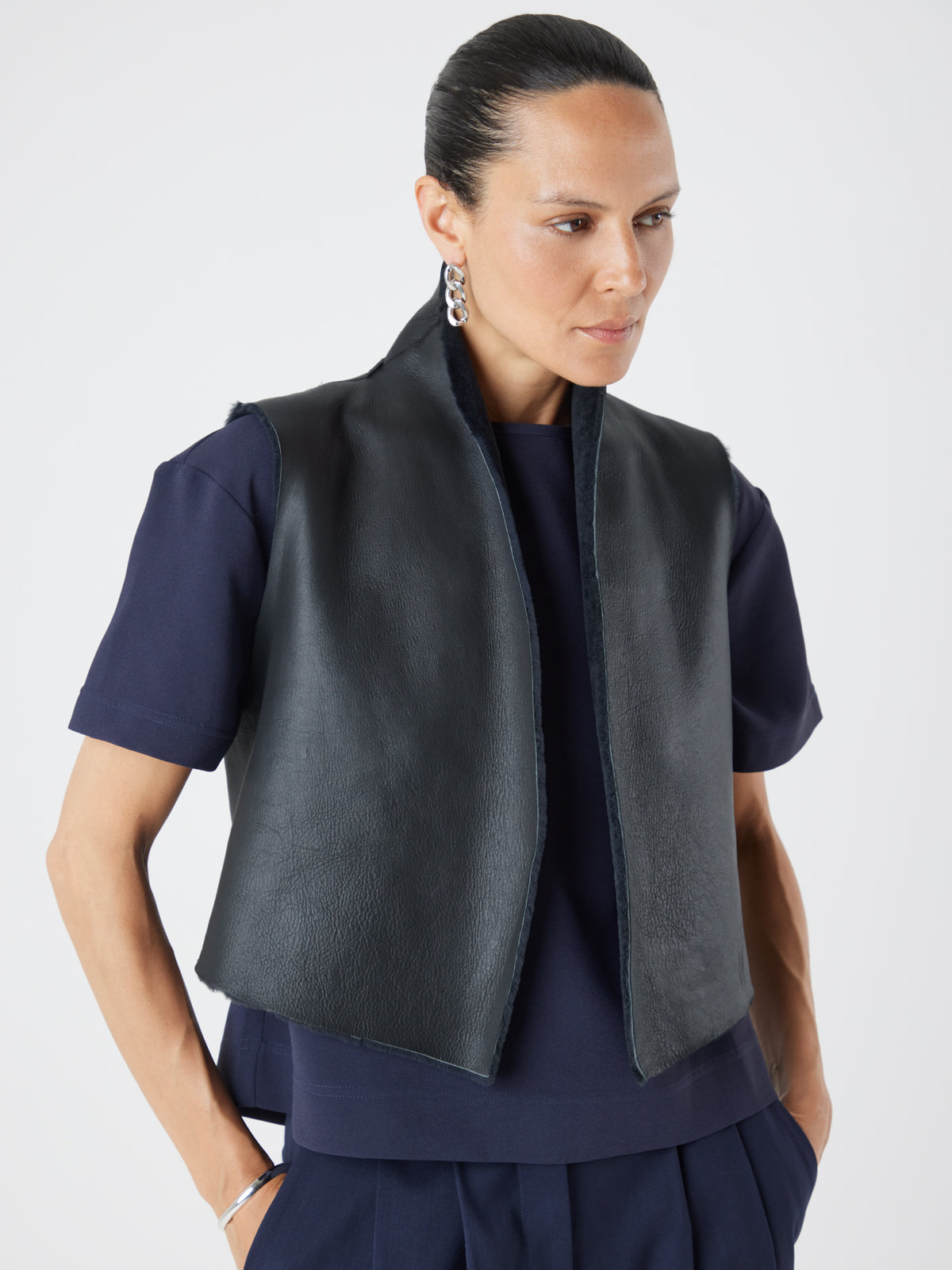 Graphite Black Short Shearling Gilet | Womens | Gushlow & Cole - model front crop