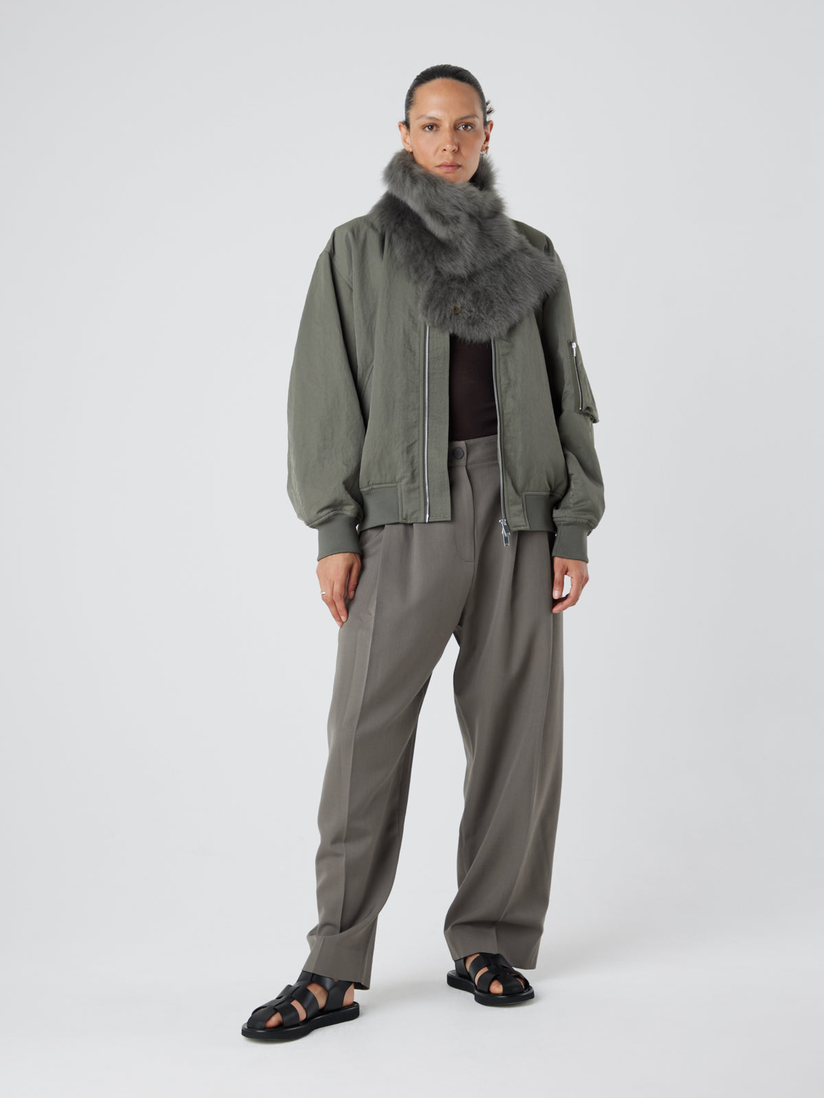 Green Baby Button Shearling Scarf | Womens | Gushlow & Cole - model full length buttoned up scarf