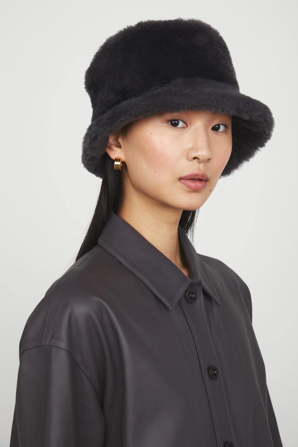 Grey Brimmed Shearling Bucket Hat gushlow and cole womens shearling model crop