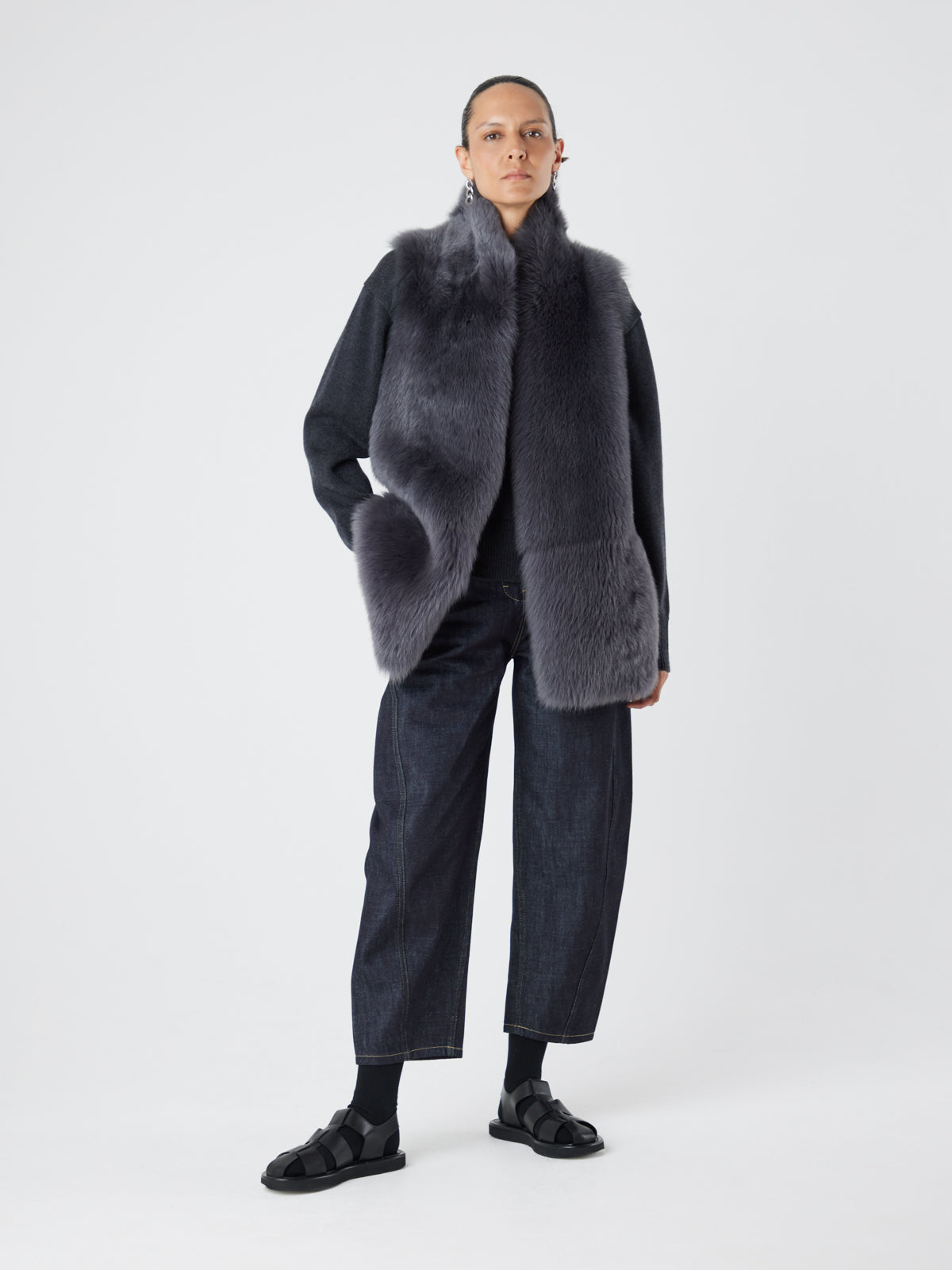 Grey Mid Length Shearling Gilet | Womens | Gushlow & Cole - model full length