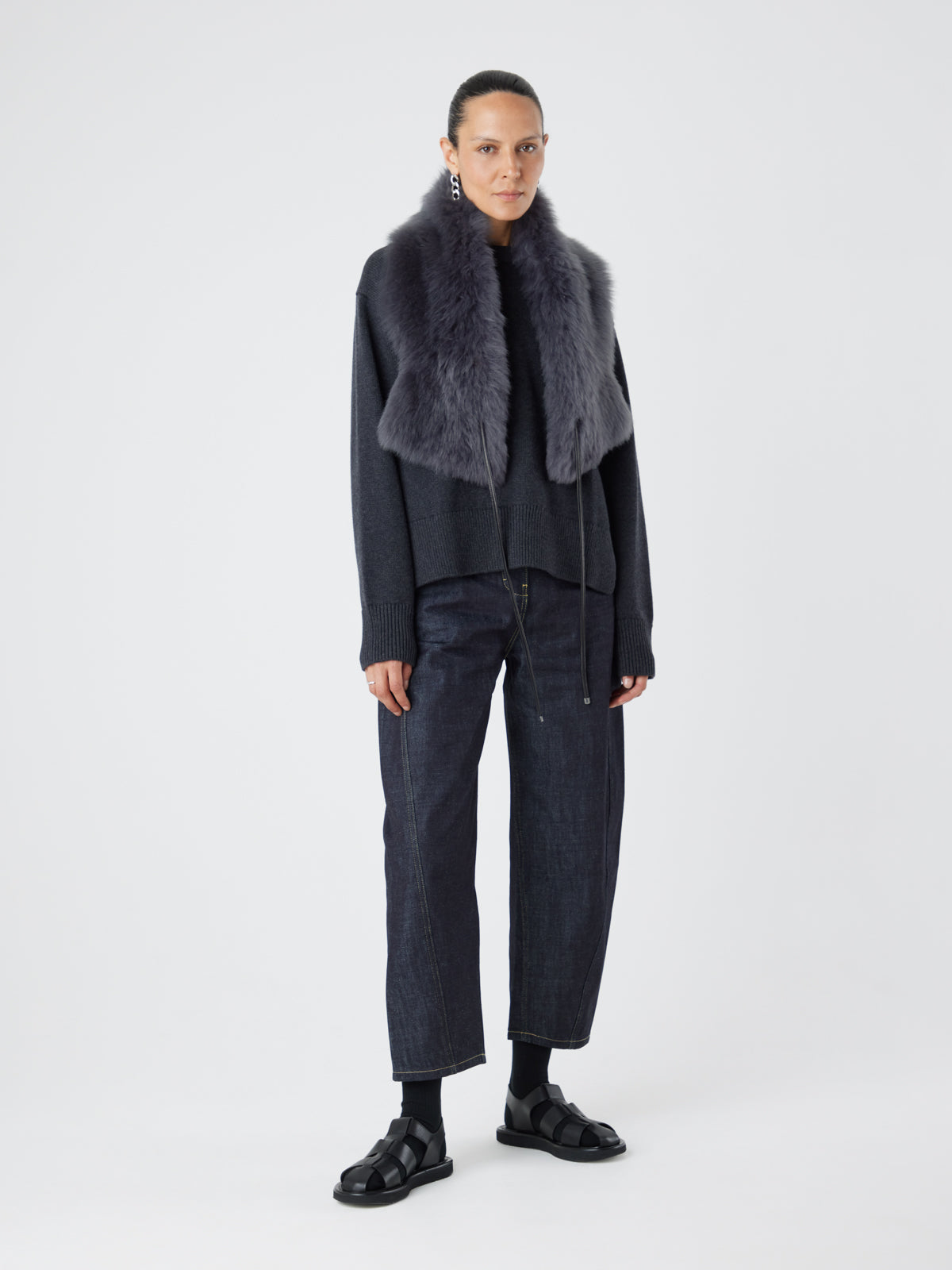 Grey Shearling Shawl Scarf | Womens | Gushlow & Cole - model full length