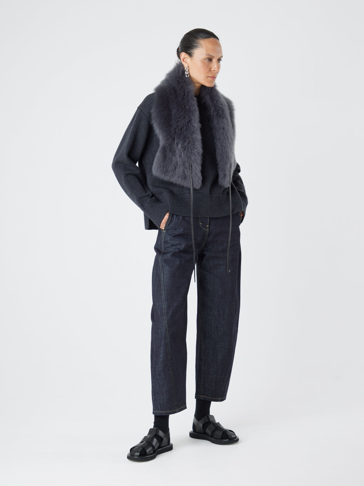 Grey Shearling Shawl Scarf | Womens | Gushlow & Cole - model full length