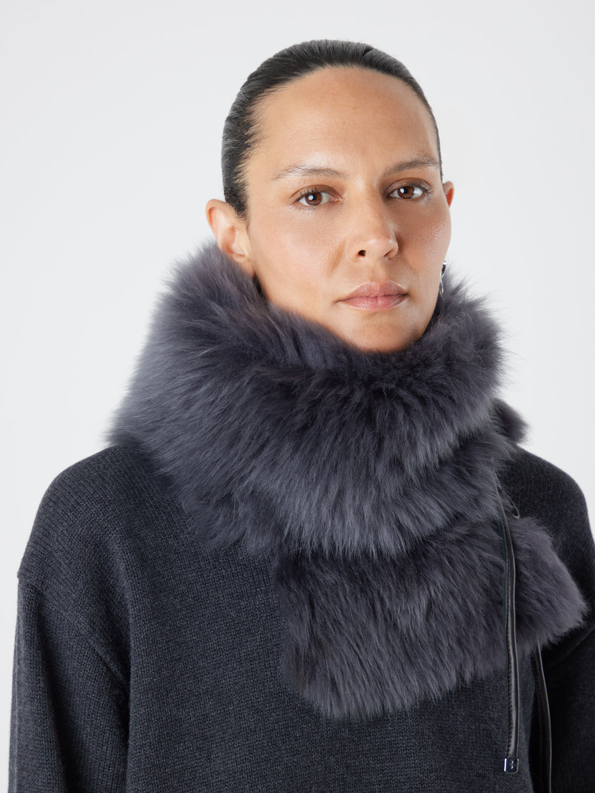 Grey Shearling Shawl Scarf | Womens | Gushlow & Cole - model crop scarf as snood