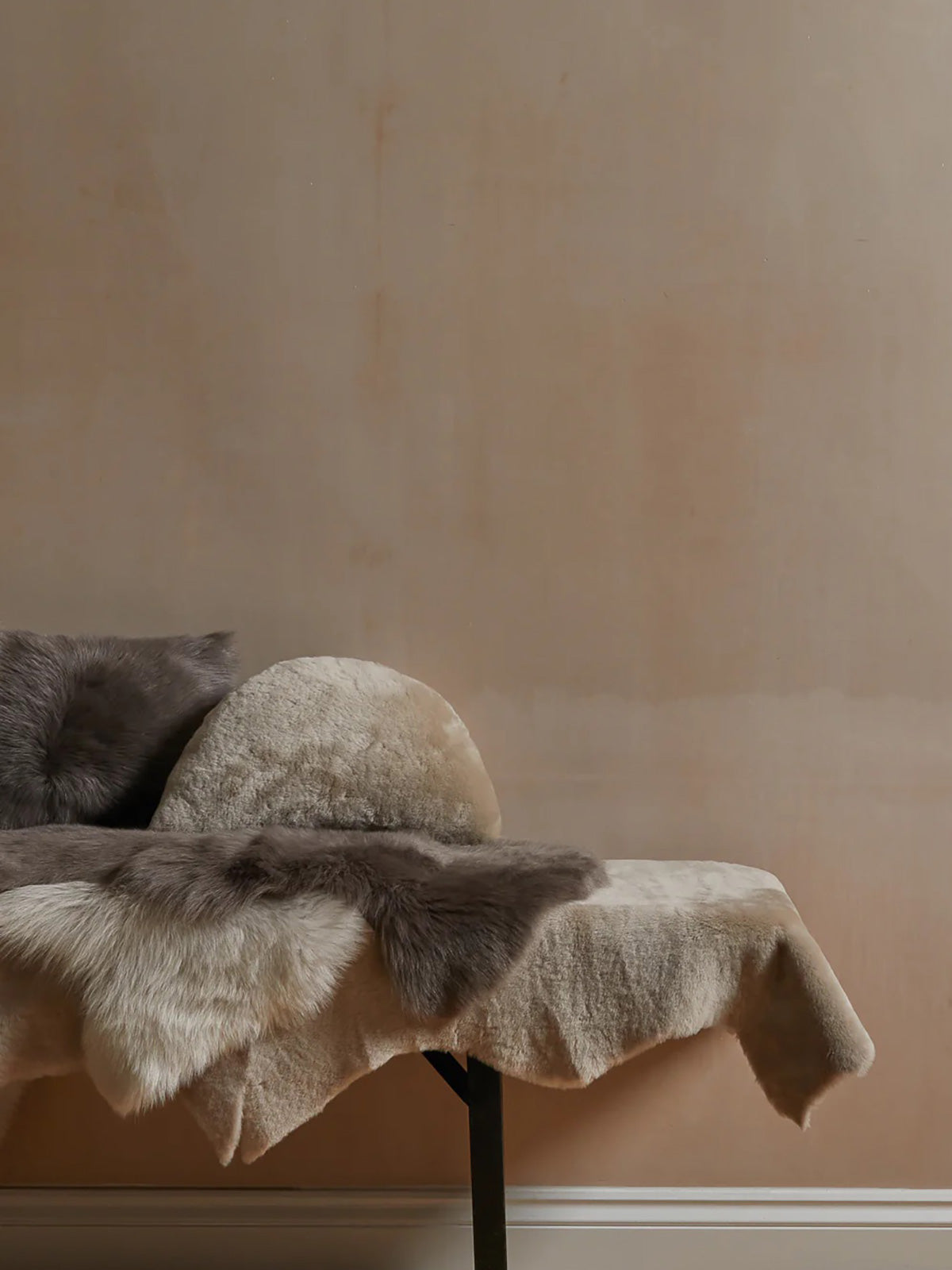 Half Moon Sheepskin Cushion in beige gushlow and cole homeware lifestyle