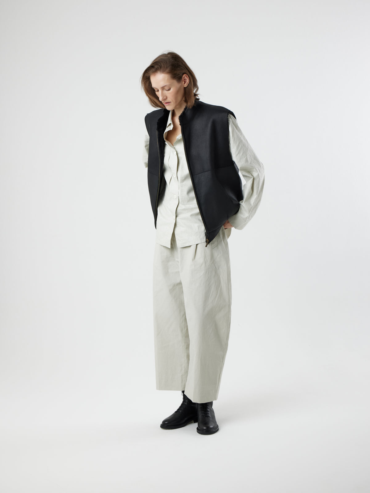 woman wearing Joyce Black Shearling Gilet by Gushlow and Cole