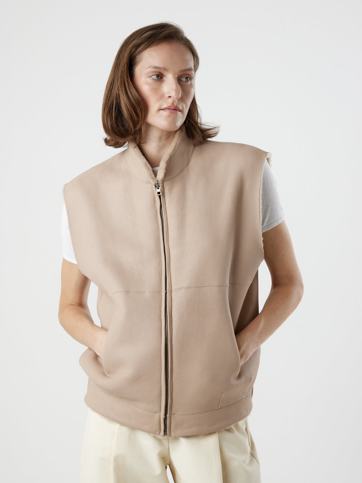 woman wearing Joyce Cream Shearling Gilet by Gushlow and Cole