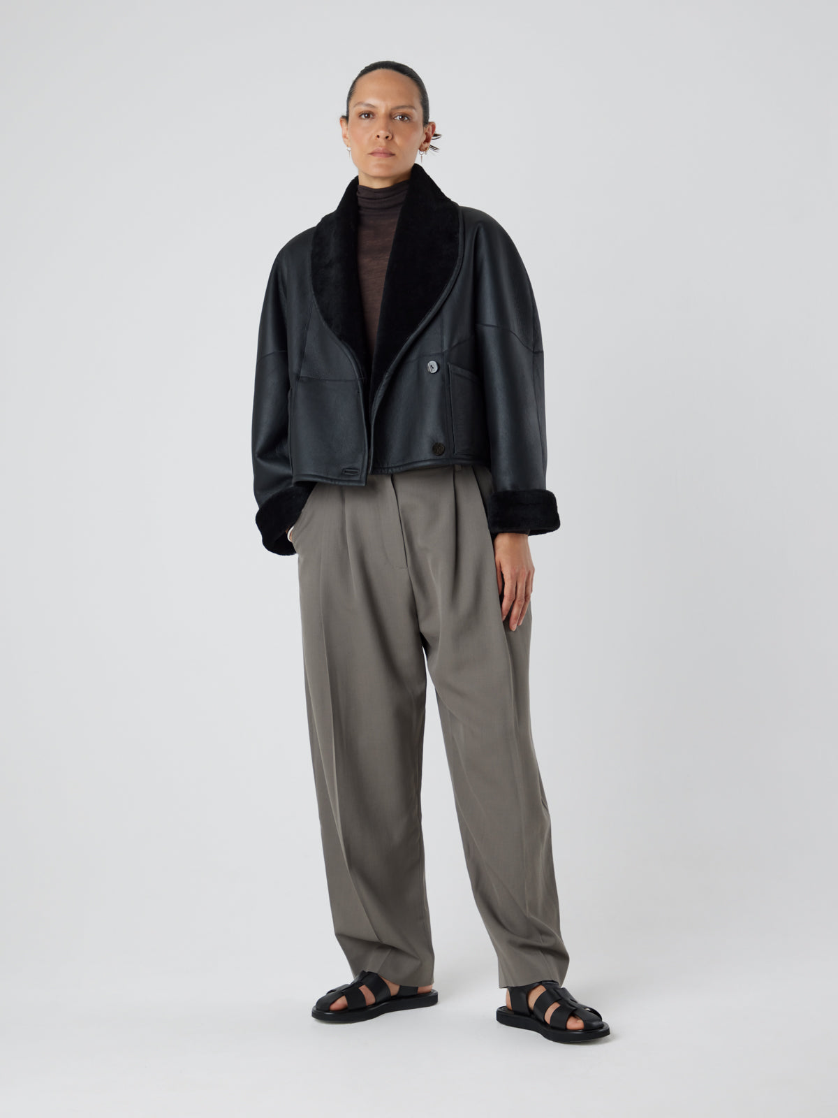 L9020 Black Shearling Jacket | Womens | Gushlow & Cole - model full length leather out