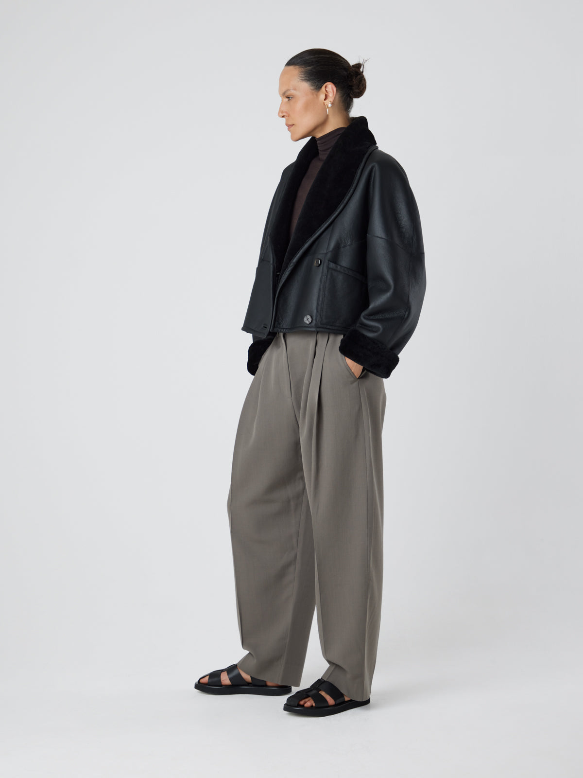 L9020 Black Shearling Jacket | Womens | Gushlow & Cole - model full length side leather out