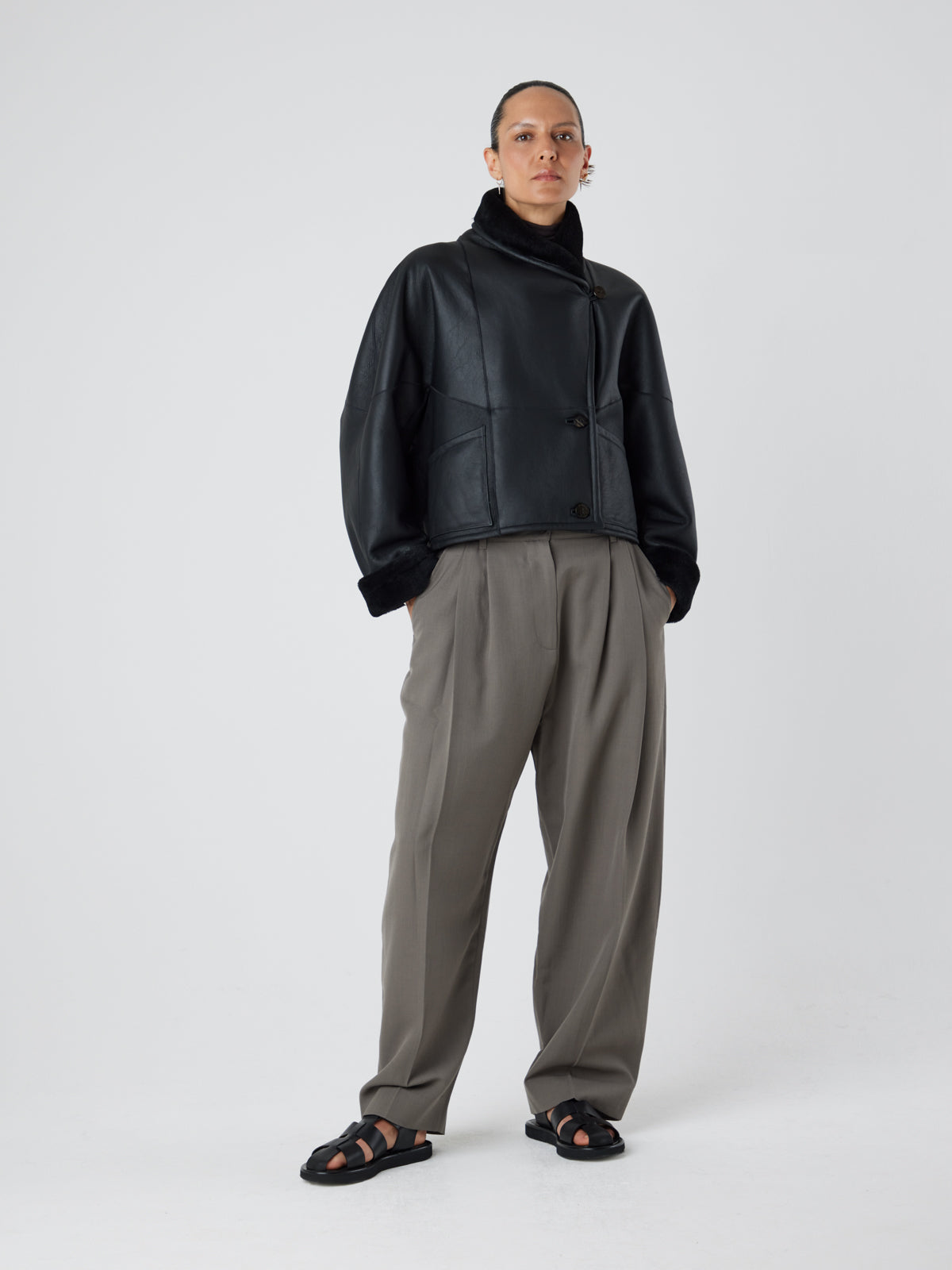 L9020 Black Shearling Jacket | Womens | Gushlow & Cole - model full length front leather out