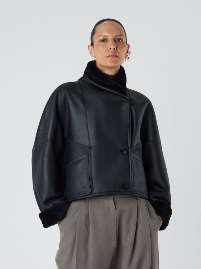 L9020 Black Shearling Jacket | Womens | Gushlow & Cole - model full length front leather out