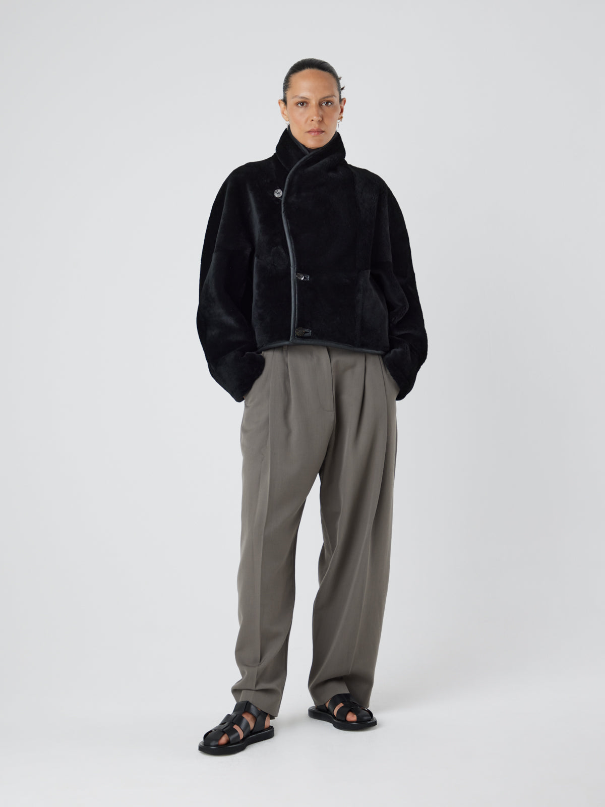 L9020 Black Shearling Jacket | Womens | Gushlow & Cole - model full length wool out