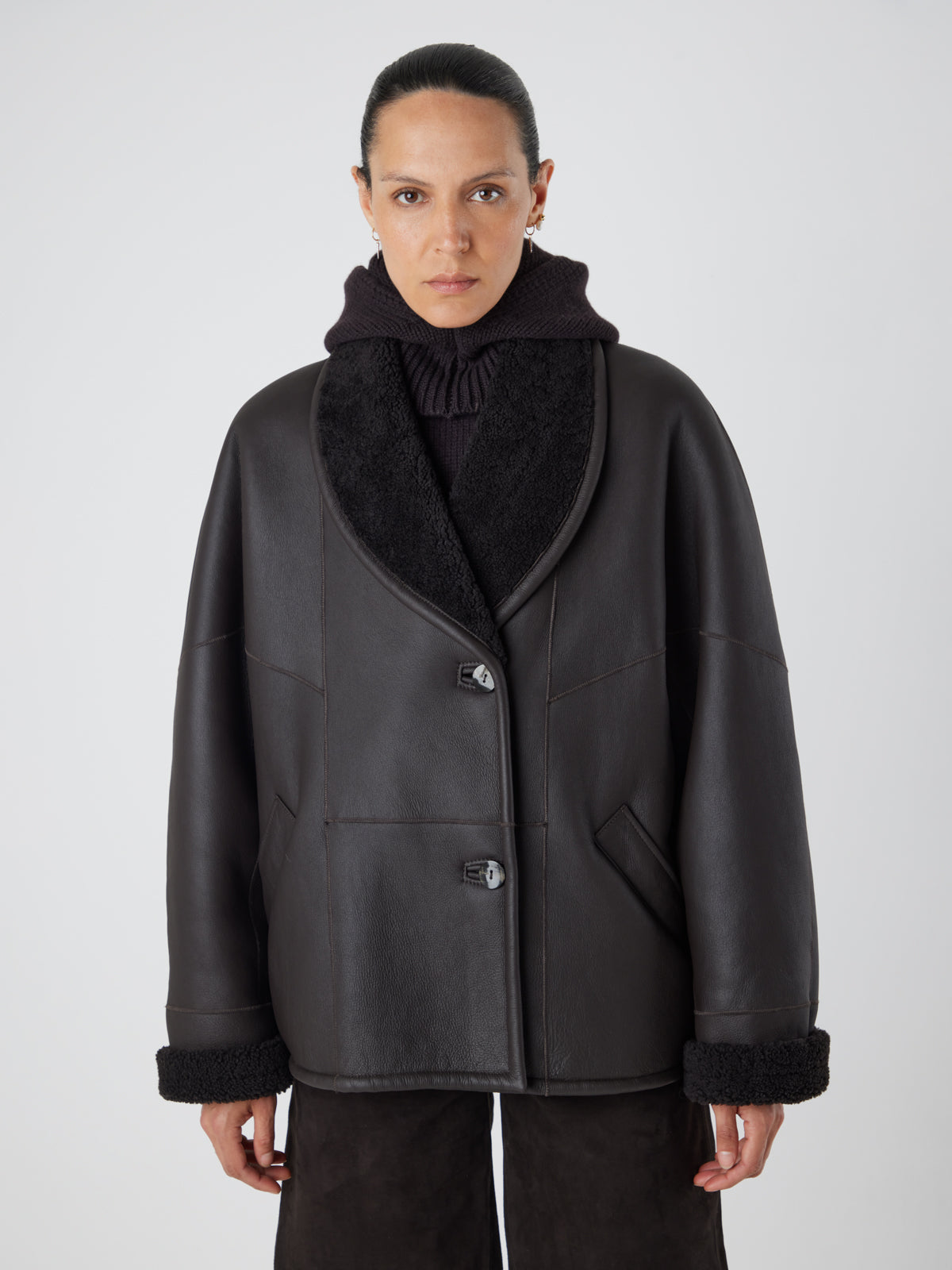 L9020 Brown Midi Shearling Coat | Womens | Gushlow & Cole-model front crop