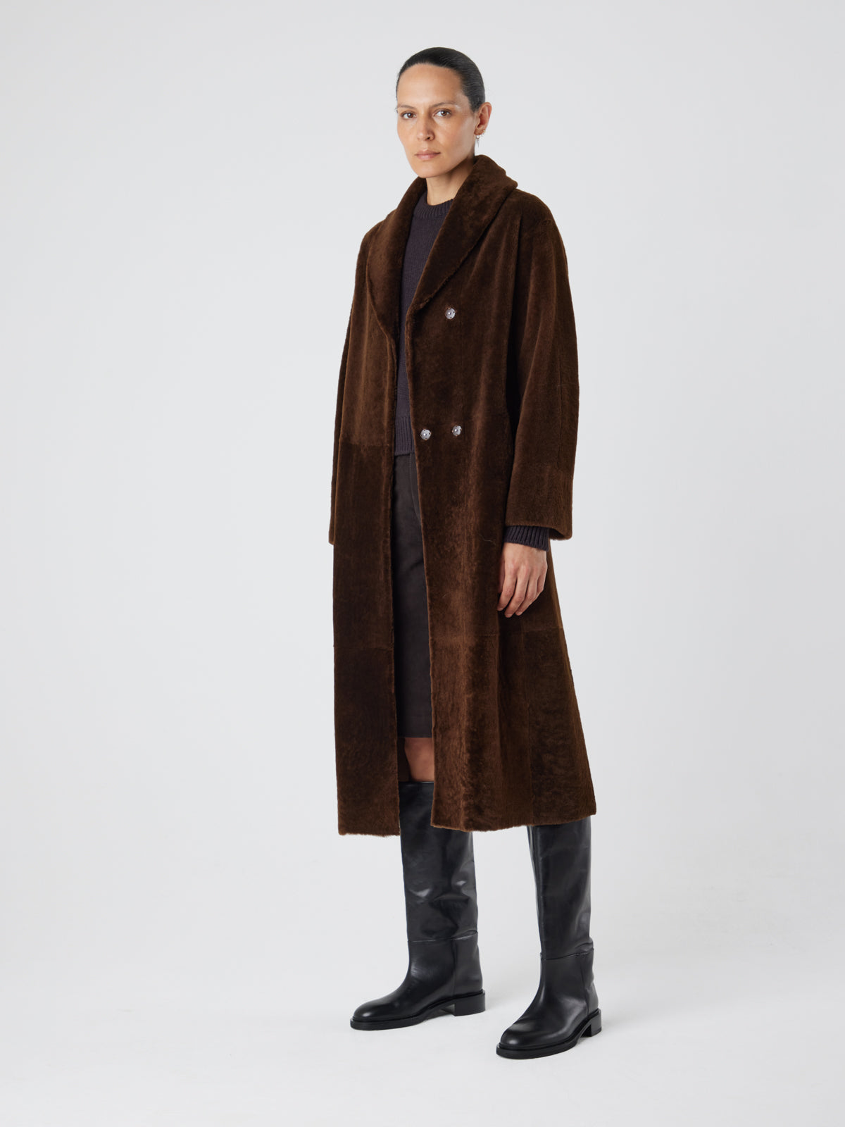 Longline Neat Shearling Shawl Coat in Brown | Womens | Gushlow & Cole- full length coat on model open