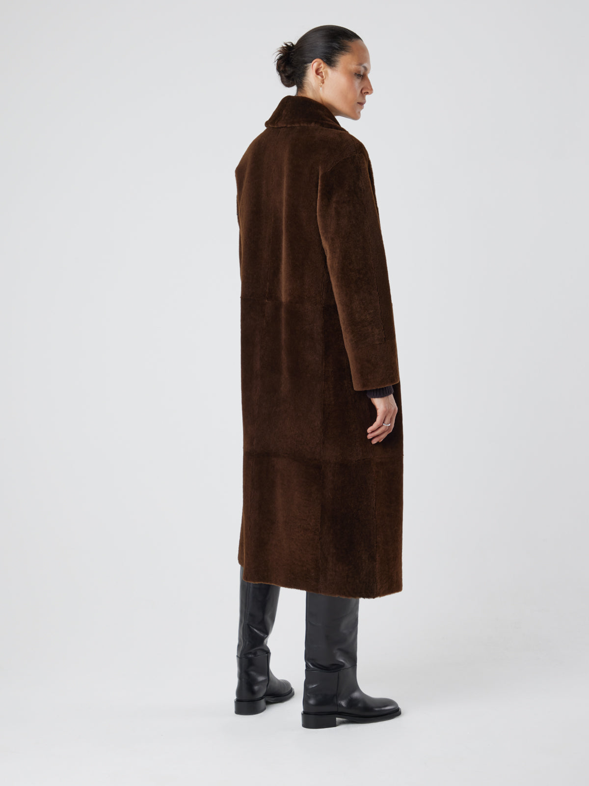 Longline Neat Shearling Shawl Coat in Brown | Womens | Gushlow & Cole- full length coat on model back