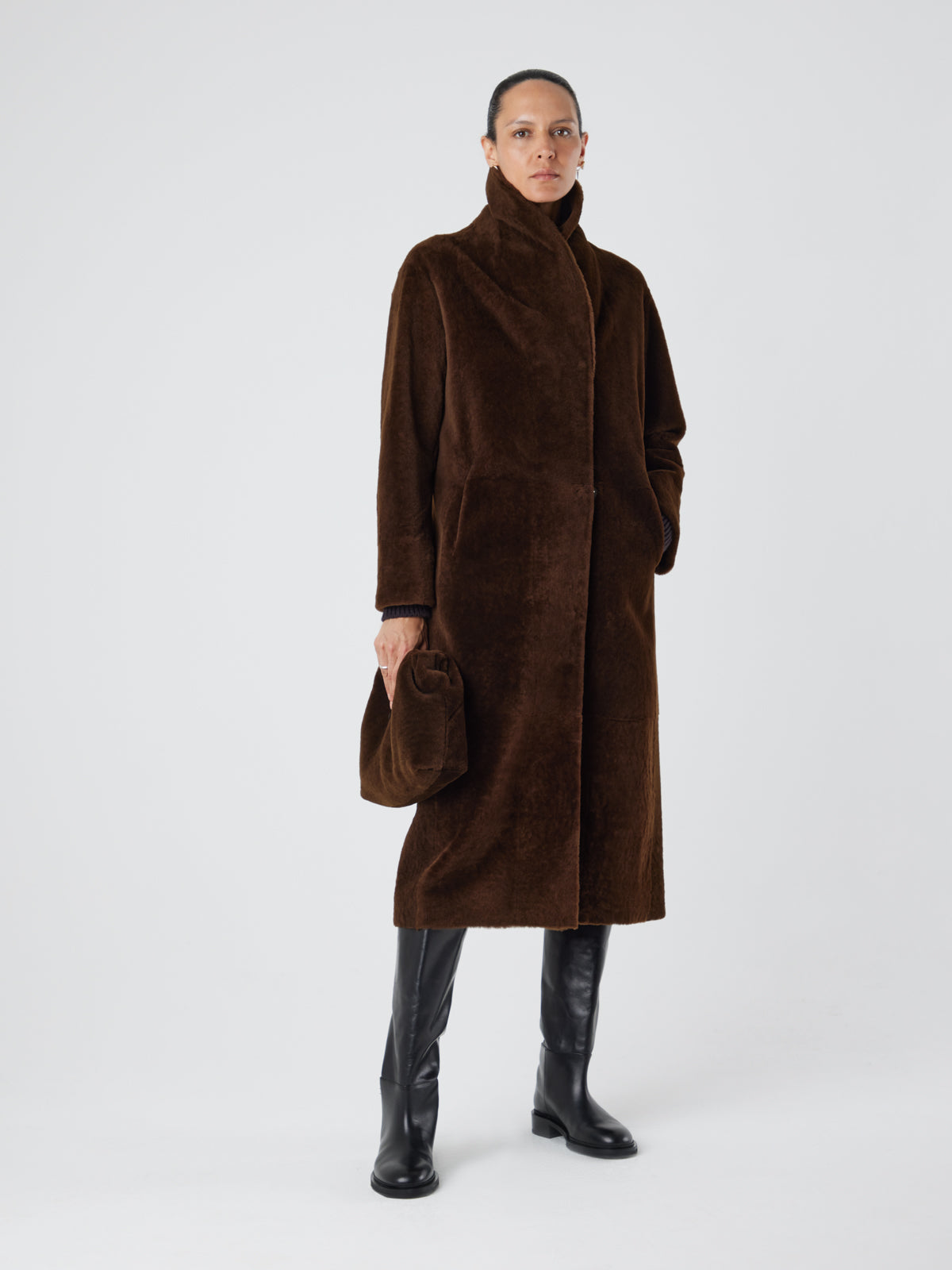 Longline Neat Shearling Shawl Coat in Brown | Womens | Gushlow & Cole- full length coat on model closed