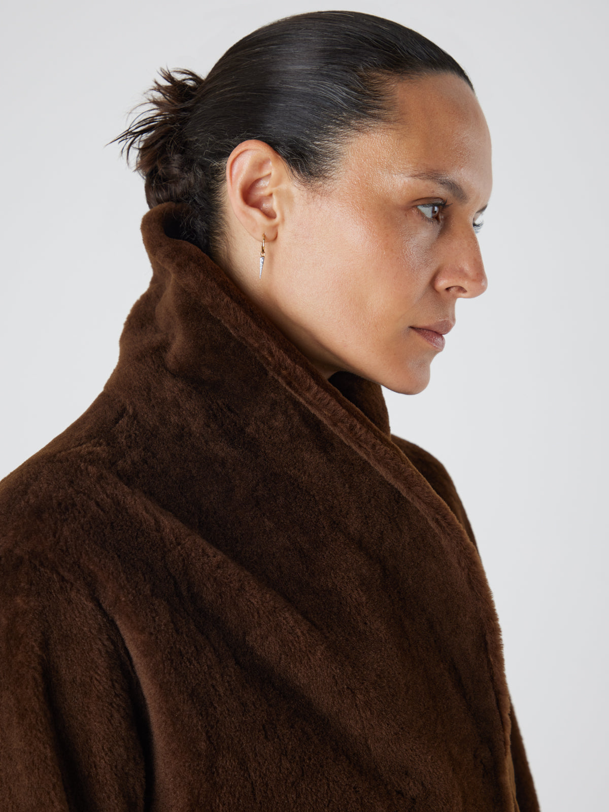 Longline Neat Shearling Shawl Coat in Brown | Womens | Gushlow & Cole- crop coat on model