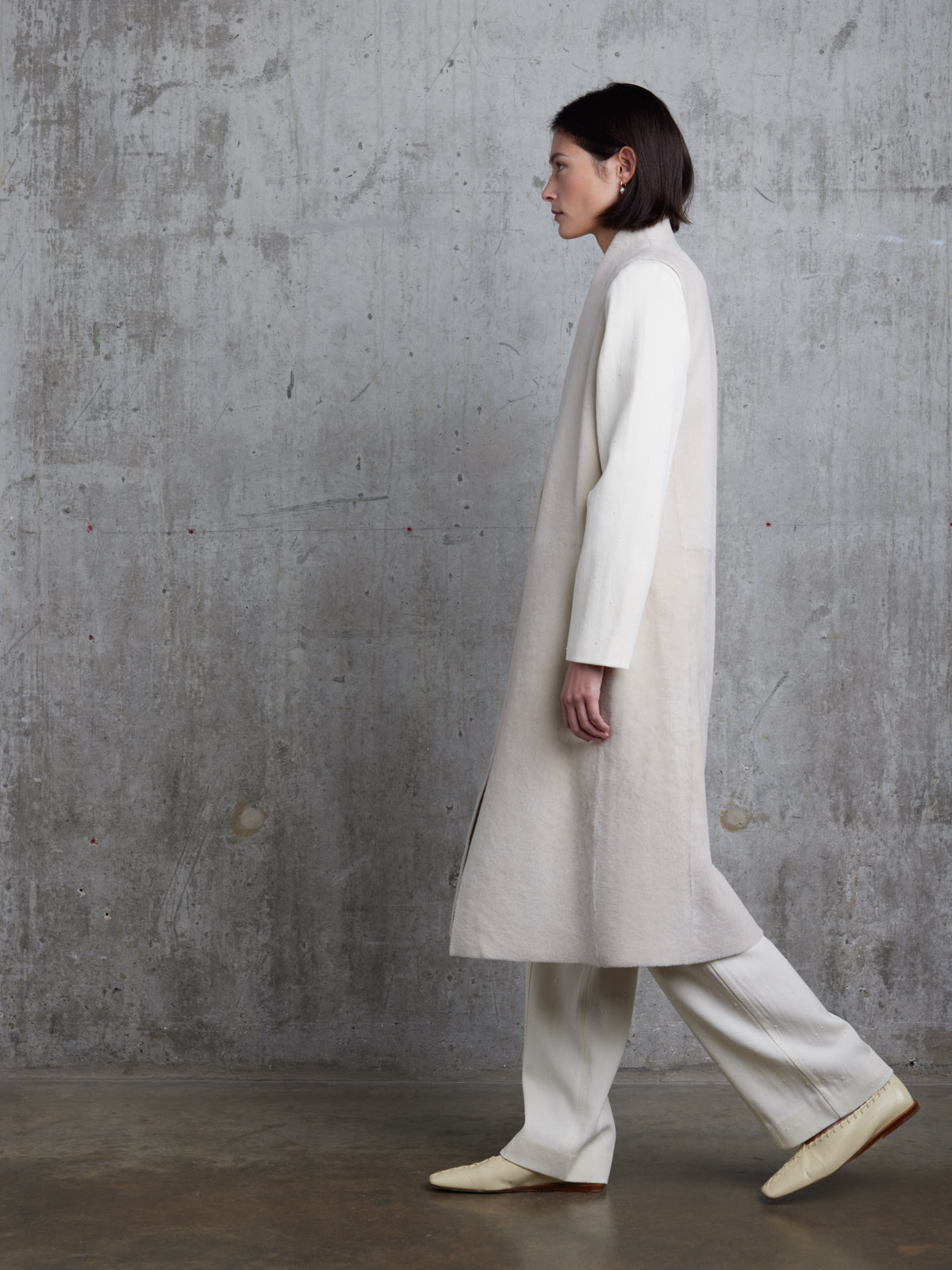 Longline Stand Collar White Shearling Gilet | Womens | Gushlow & Cole - model full length side