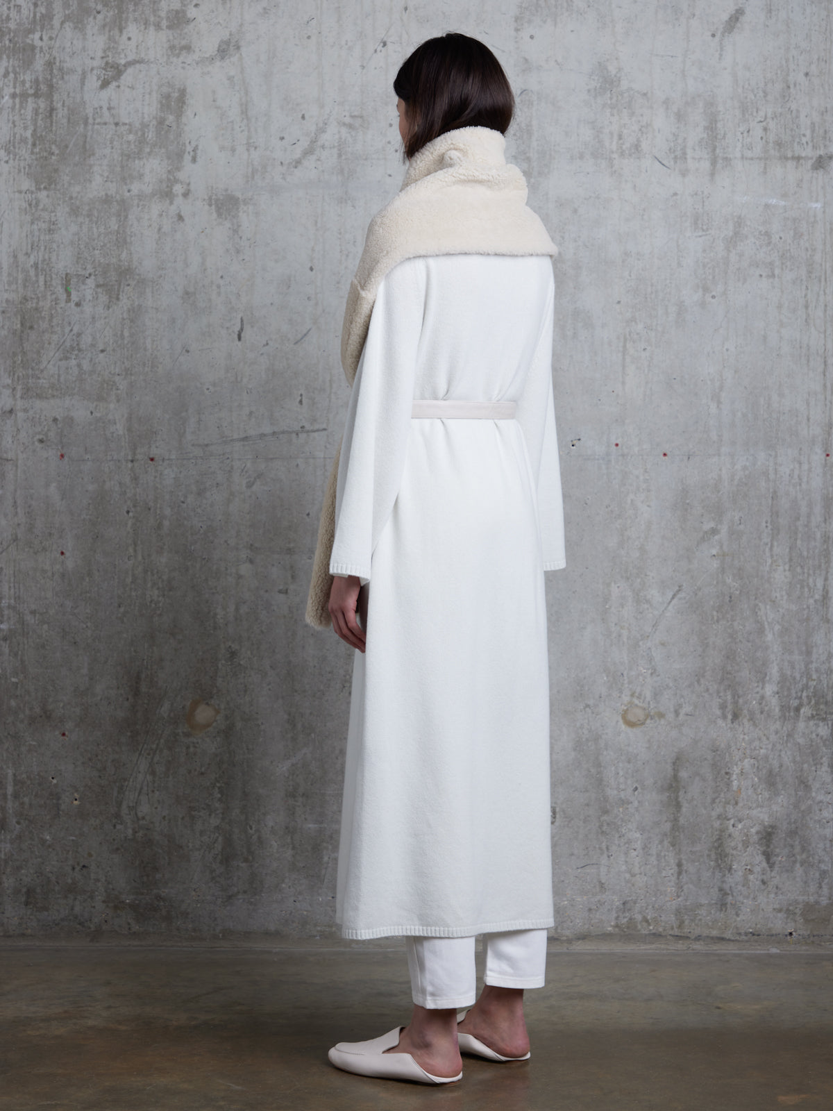 Merino Cream Shearling Belt Scarf | Womens | Gushlow & Cole-full length model back