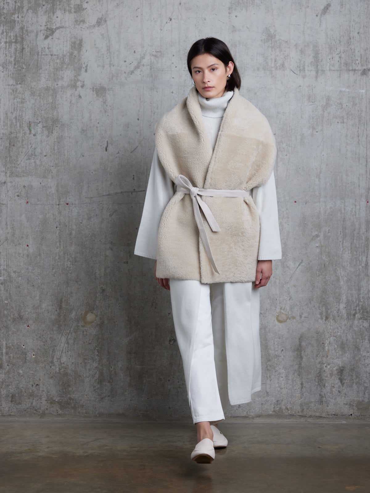 Merino Cream Shearling Belt Scarf | Womens | Gushlow & Cole-full length model walking