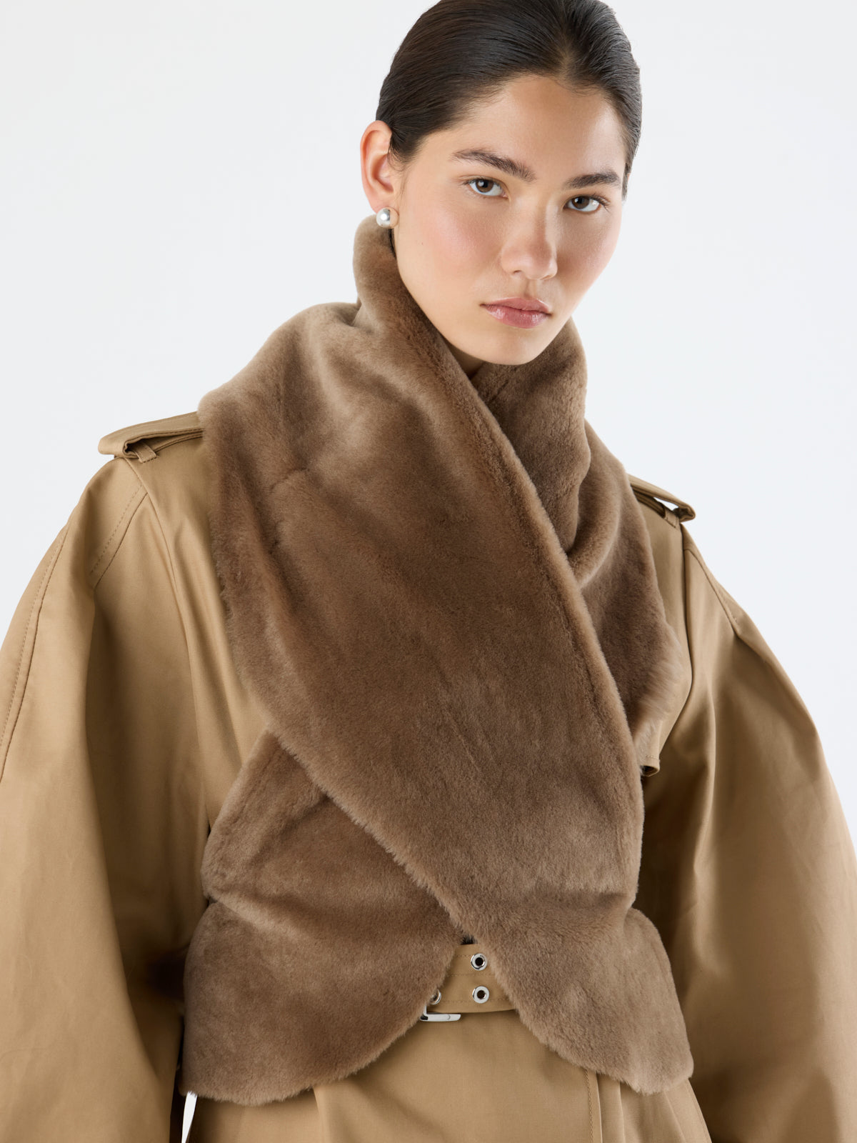 woman wearing camel shearling shawl scarf on white background - luxury womens shearling gushlow & cole