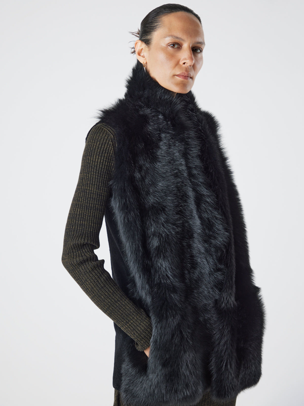 Mid Length Black Shearling Gilet | Womens | Gushlow & Cole - model medium crop