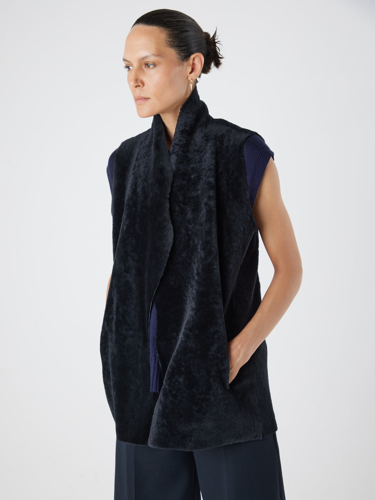 Natural Edge Graphite Black Mid Length Shearling Gilet - model crop