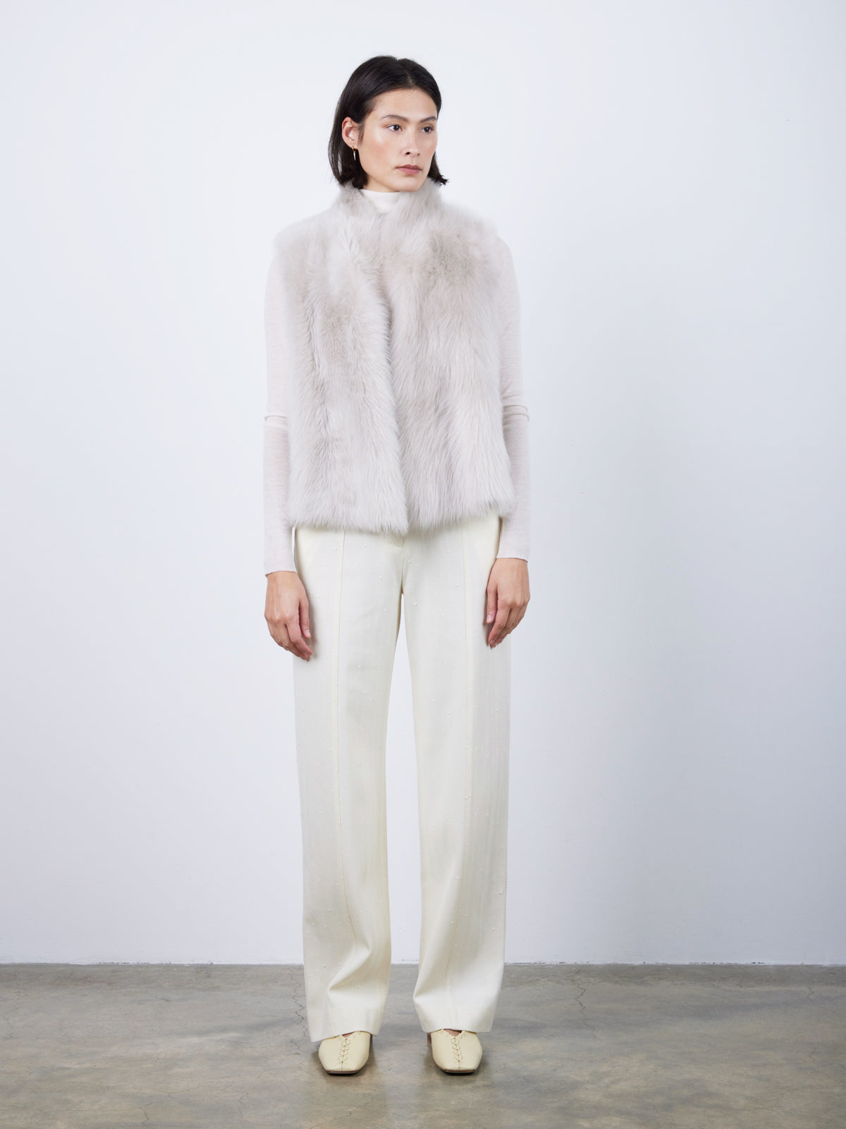Natural Edge Oyster White Shearling Gilet | Womens | Gushlow & Cole- full length model front