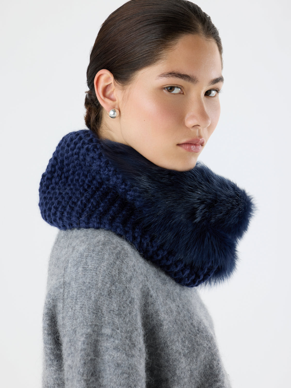 side view of woman wearing Navy Shearling and Hand Knit Snood by Gushlow & Cole