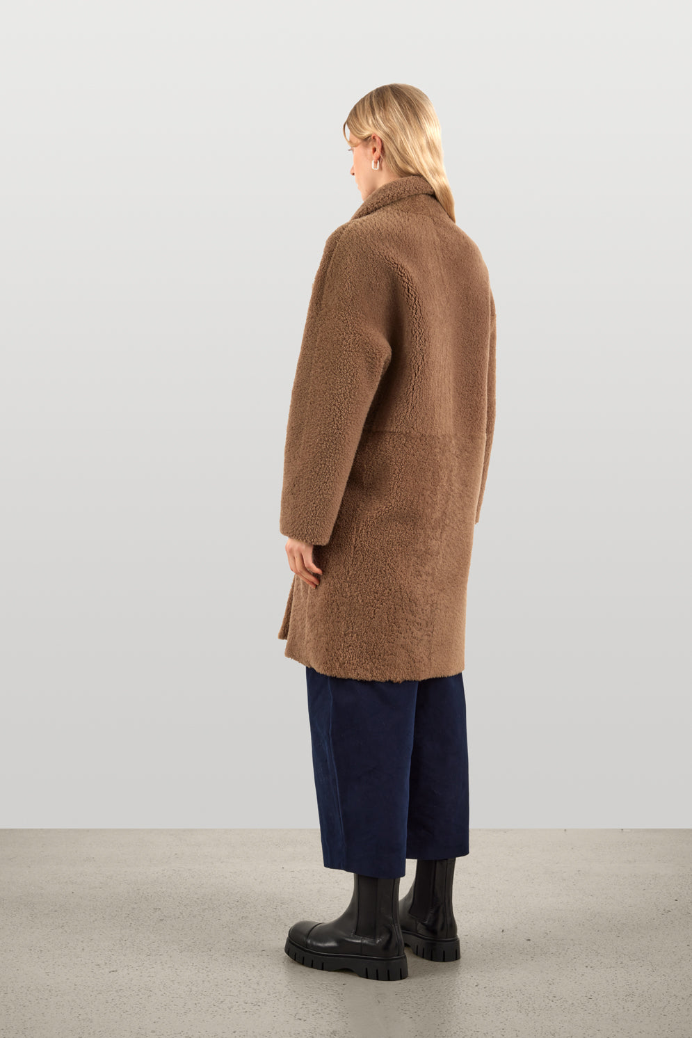 Notch Collar Shearling Coat in Camel | Women | Gushlow & Cole - model length back with coat open