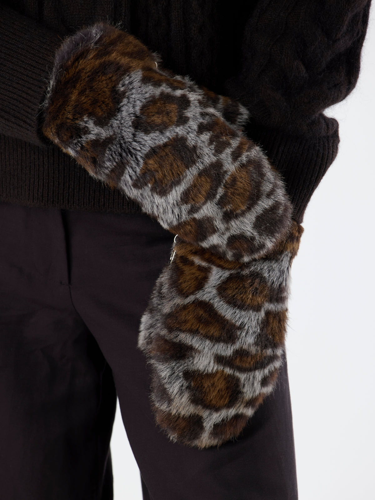 women wearing womens Ocelot Touchscreen Shearling Mittens by Gushlow & Cole on white background