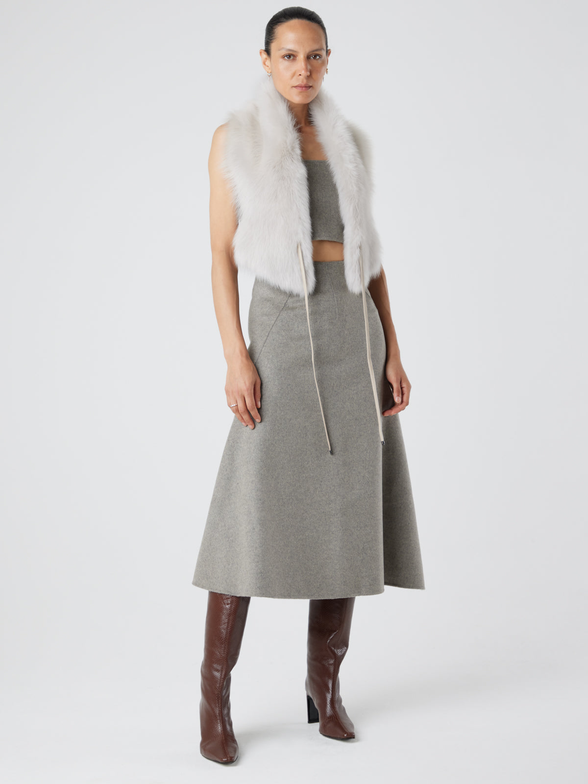 Oyster White Shearling Shawl Scarf | Womens | Gushlow & Cole - model full length scarf down