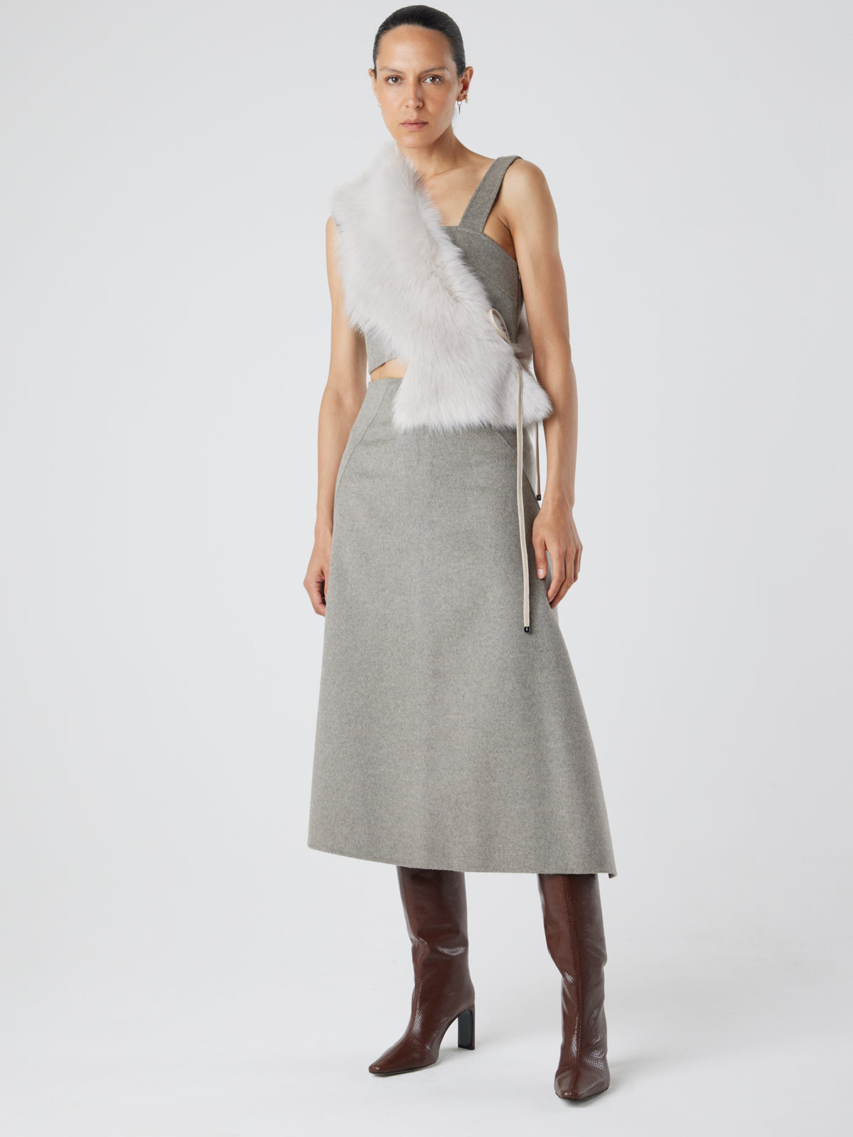 Oyster White Shearling Shawl Scarf | Womens | Gushlow & Cole - model full length scarf sash