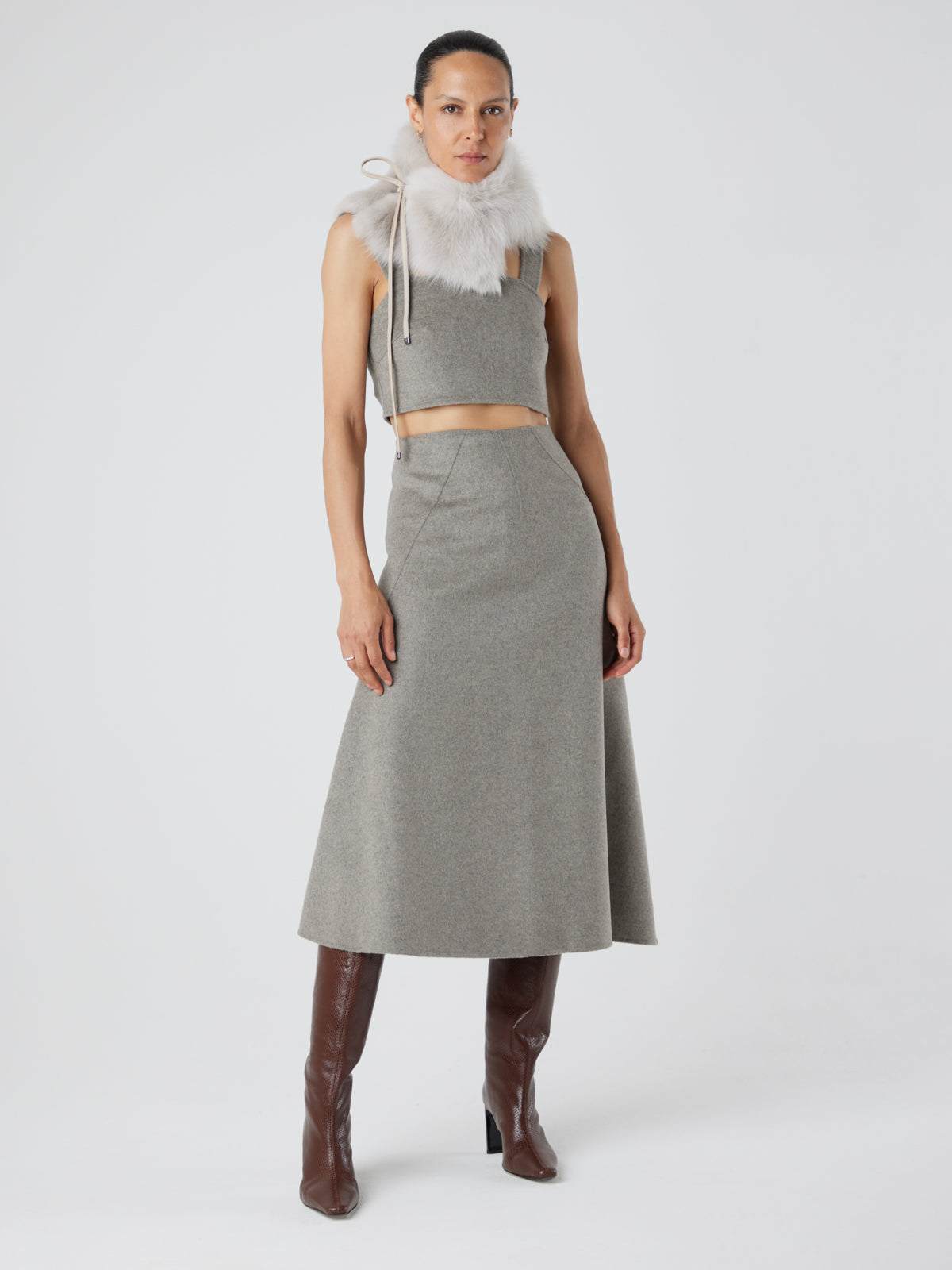 Oyster White Shearling Shawl Scarf | Womens | Gushlow & Cole - model full length scarf snood