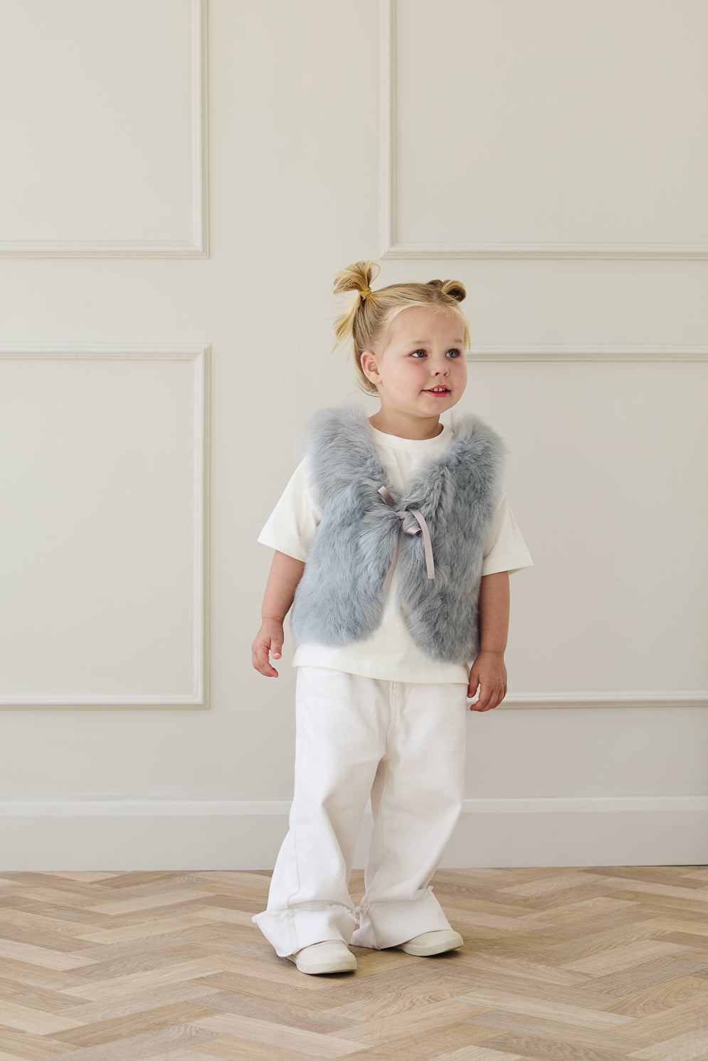 Pale Blue Kids Toscana Shearling Gilet | Kids | Gushlow & Cole- back on model 3