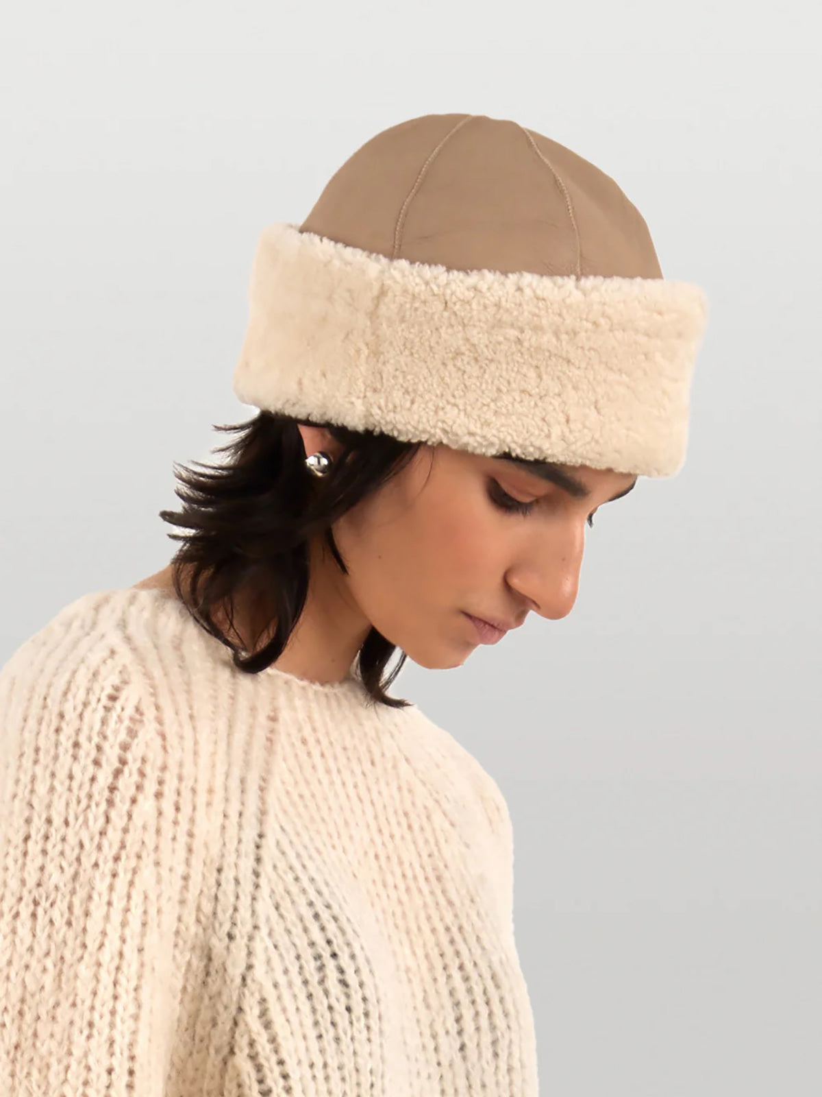 Stone White Chiswick Shearling Hat | Womens Luxury Shearling | Gushlow & Cole | model side