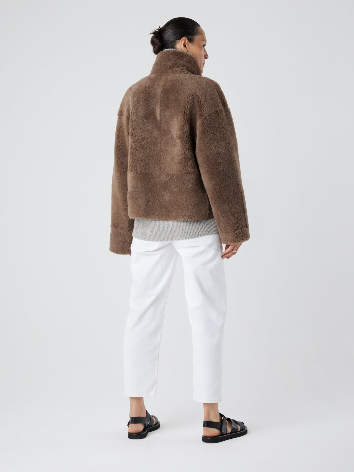 Storm Brown Boxy Shearling Jacket | Womens | Gushlow & Cole- full length jacket back reversed