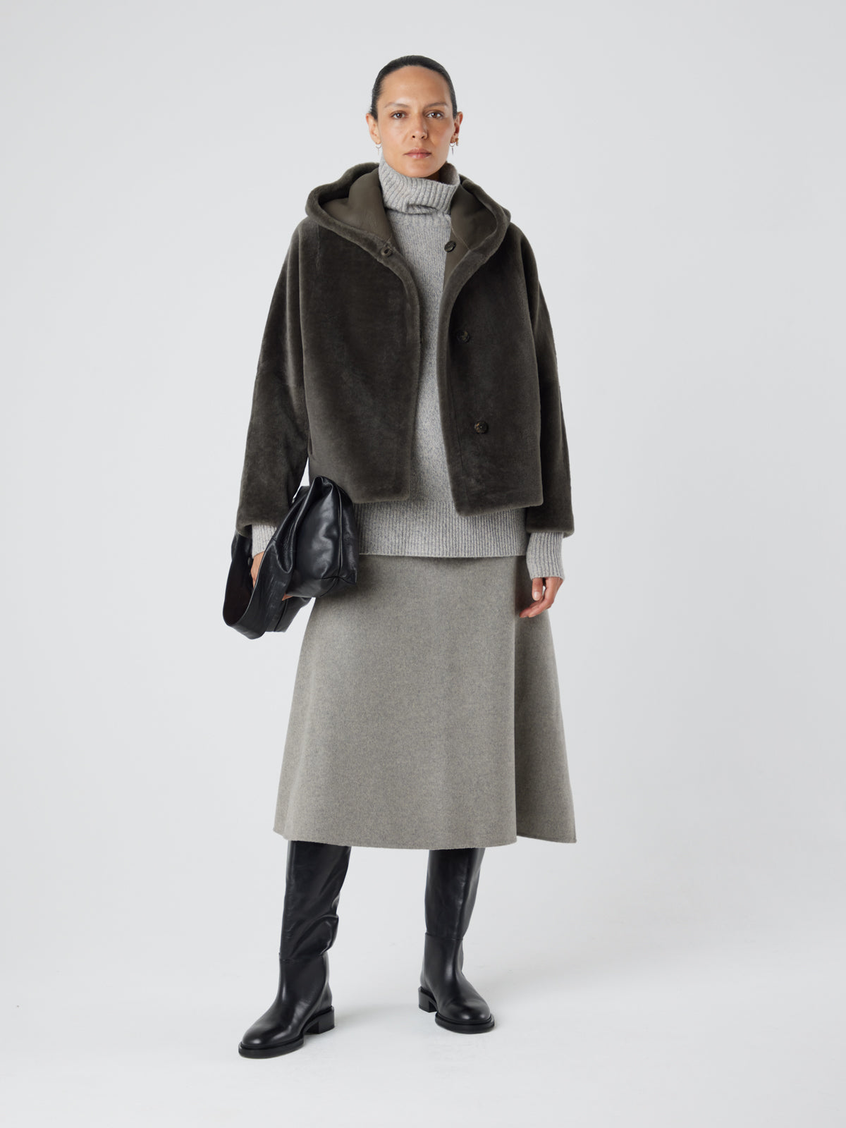 Storm Green Hooded Shearling Jacket | Womens | Gushlow & Cole - full length model jacket open