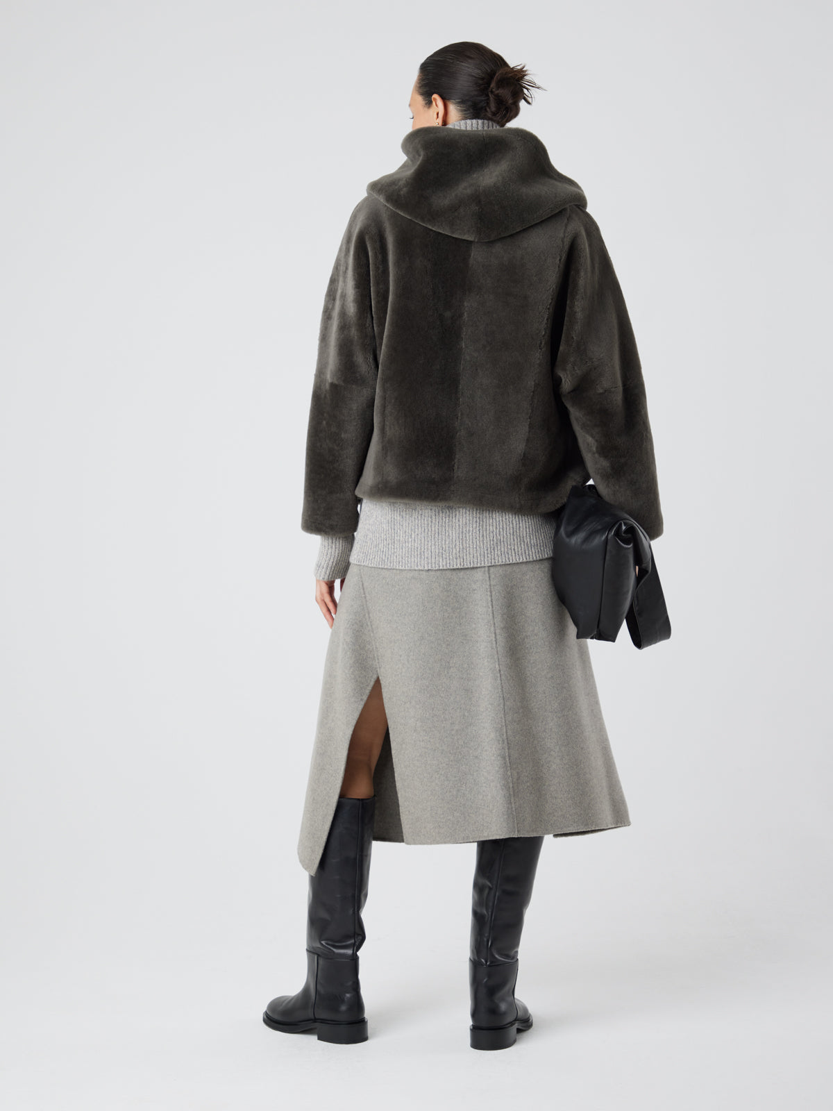 Storm Green Hooded Shearling Jacket | Womens | Gushlow & Cole - full length model back