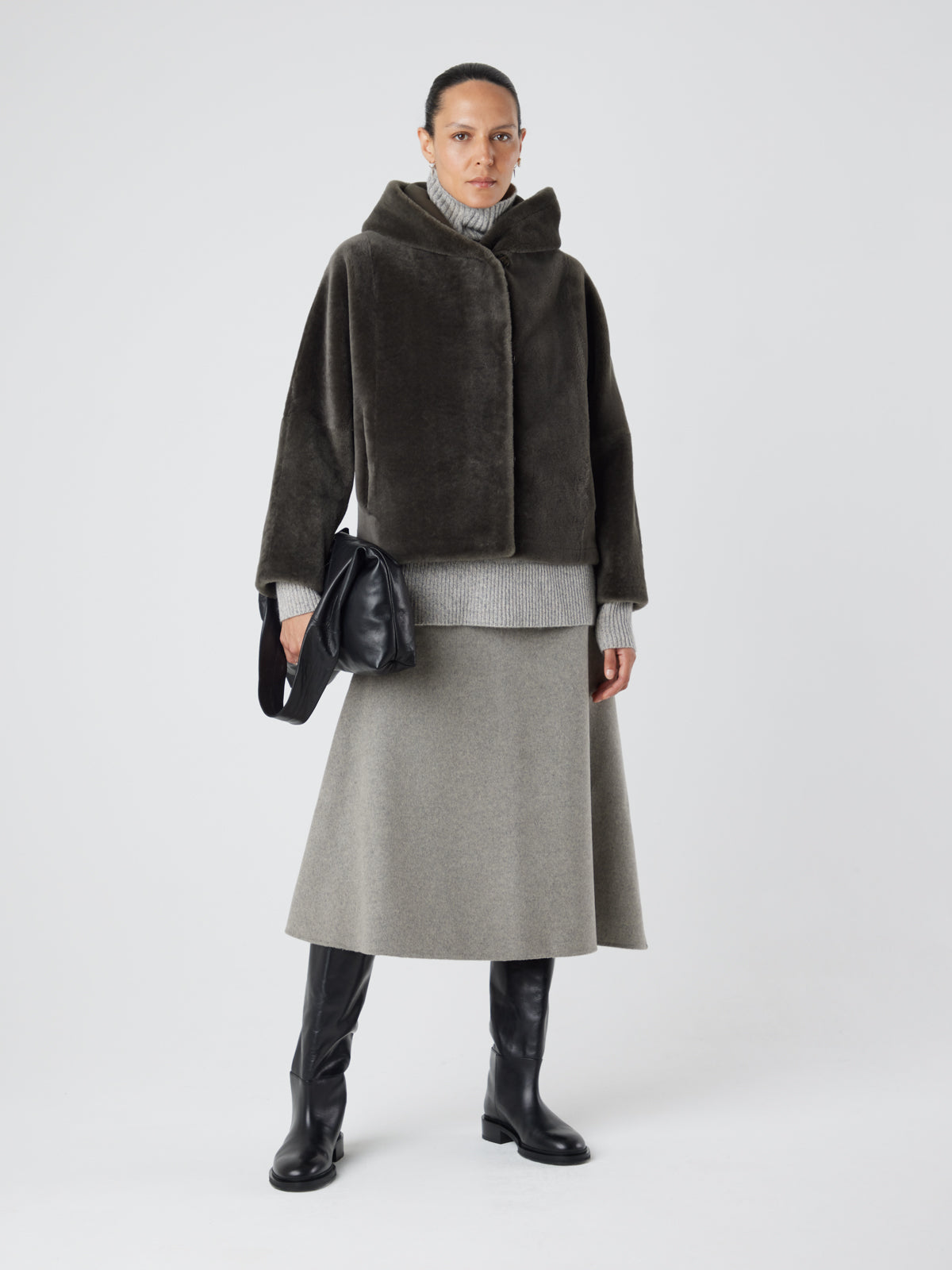 Storm Green Hooded Shearling Jacket | Womens | Gushlow & Cole - full length model jacket closed