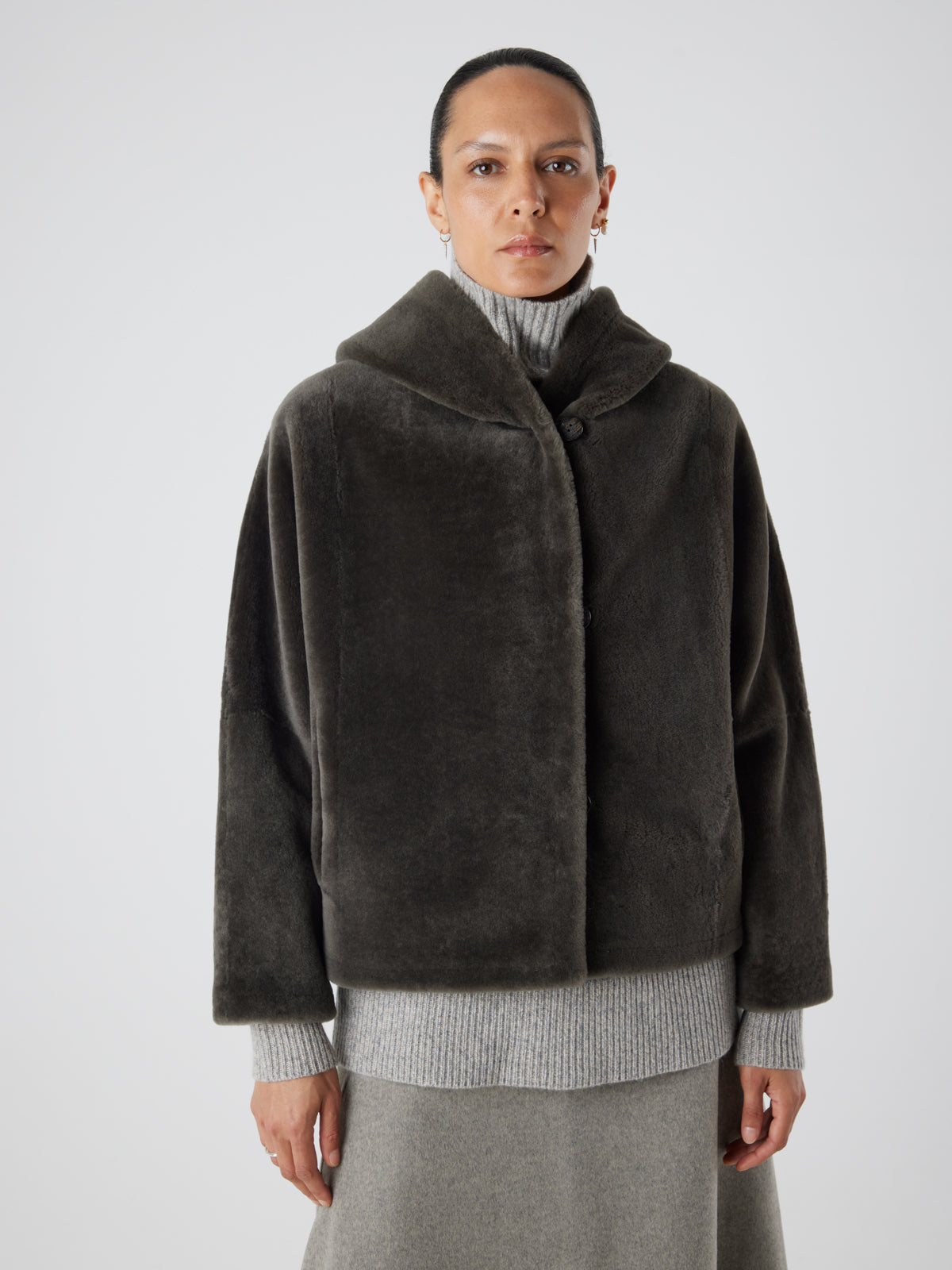 Storm Green Hooded Shearling Jacket | Womens | Gushlow & Cole - crop model jacket closed