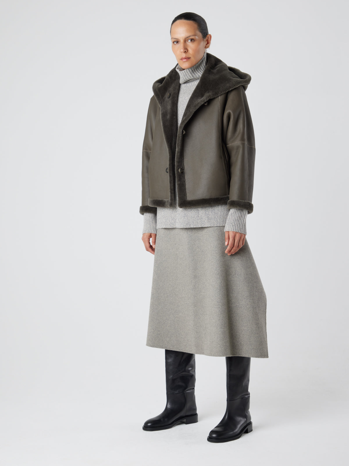 Storm Green Hooded Shearling Jacket | Womens | Gushlow & Cole - full length model jacket leather out