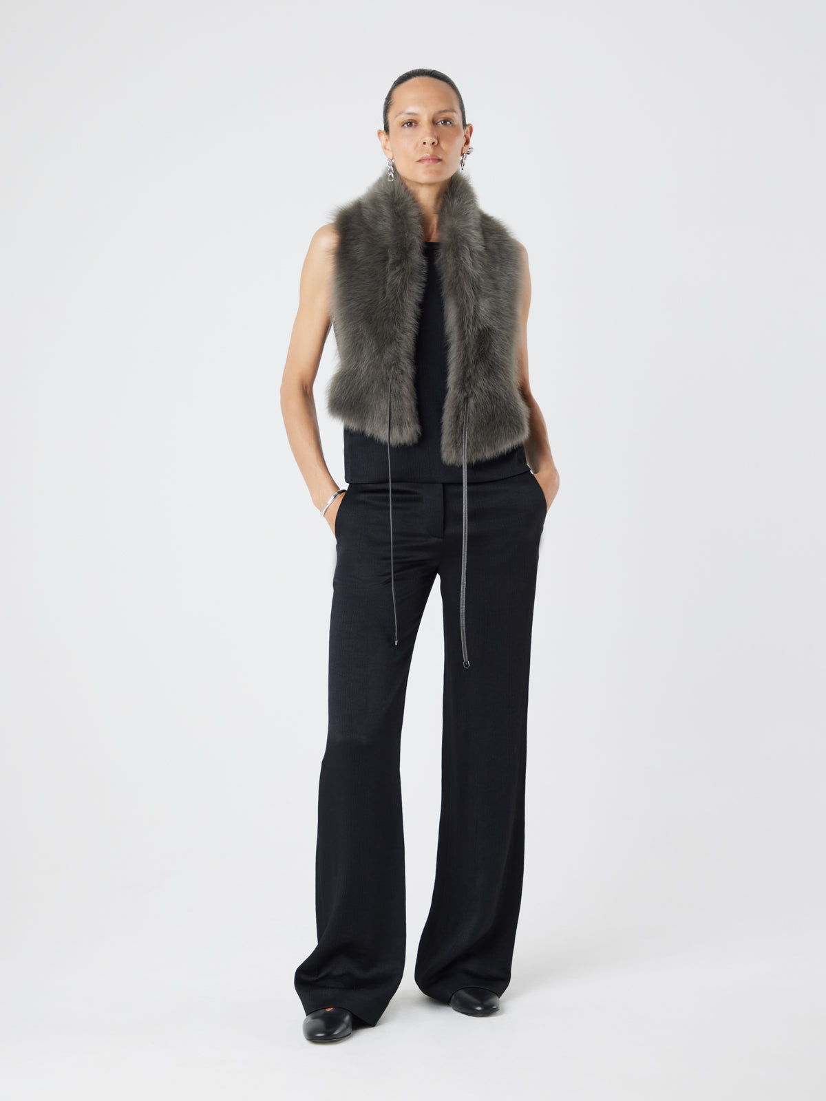 Storm Green Shearling Shawl Scarf | Womens | Gushlow & Cole - model full length scarf down