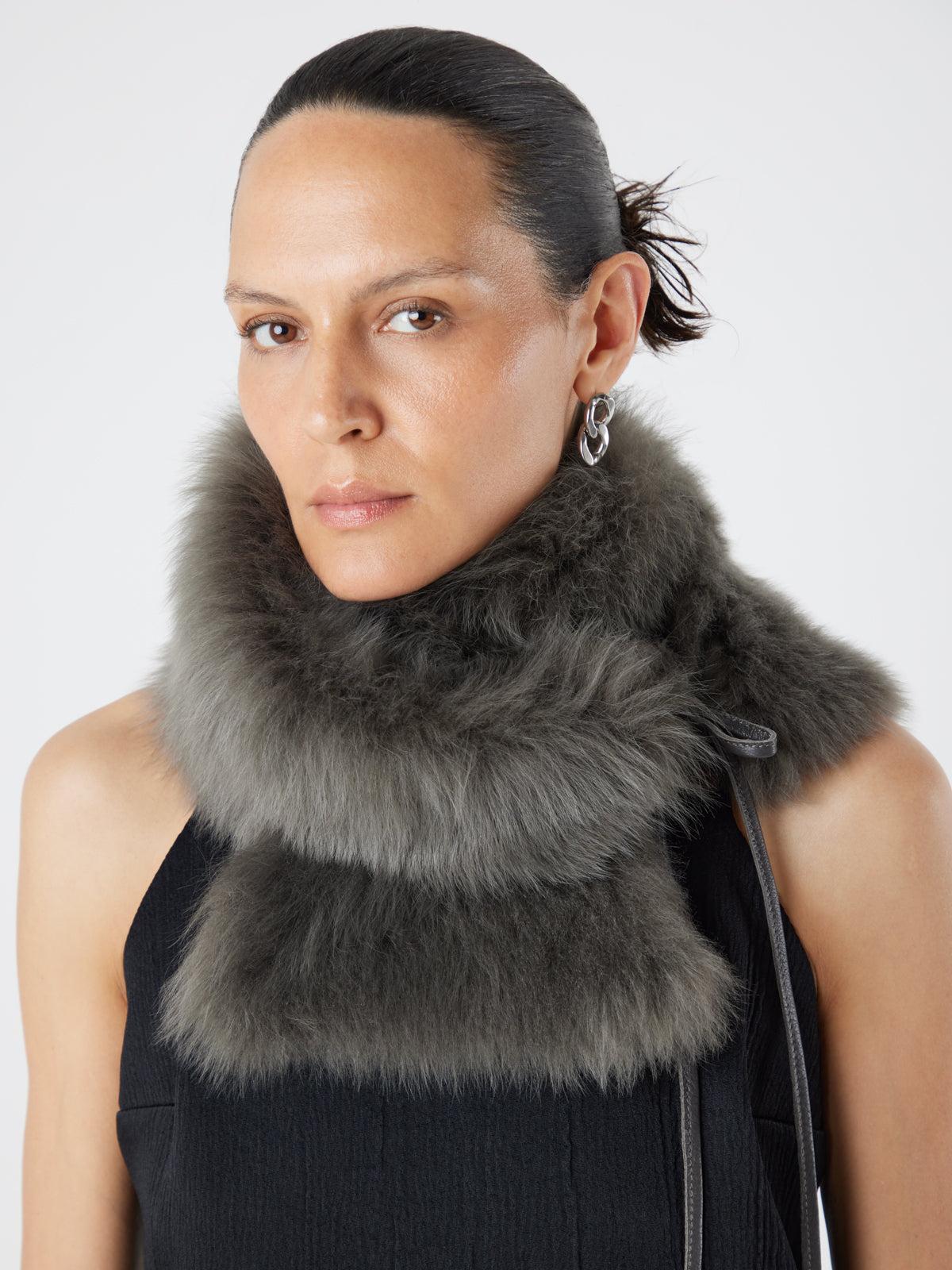 Storm Green Shearling Shawl Scarf | Womens | Gushlow & Cole - model full length scarf snood