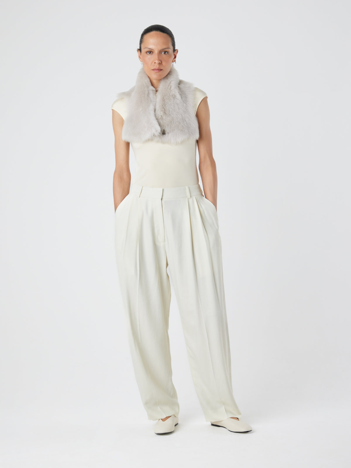 White Baby Button Shearling Scarf | Womens | Gushlow & Cole - full length model fixed with lower button