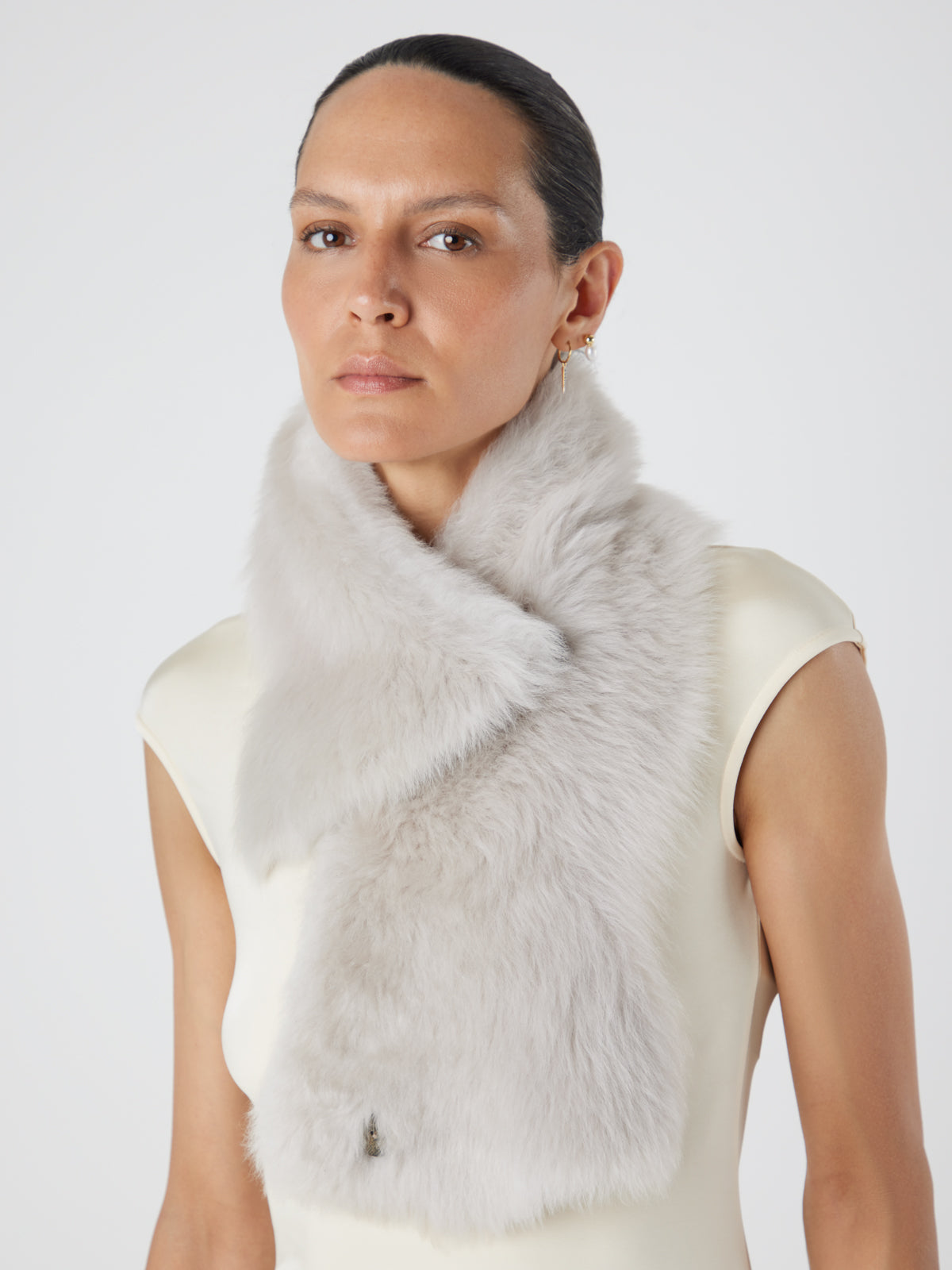 White Baby Button Shearling Scarf | Womens | Gushlow & Cole - model fixed with upper button
