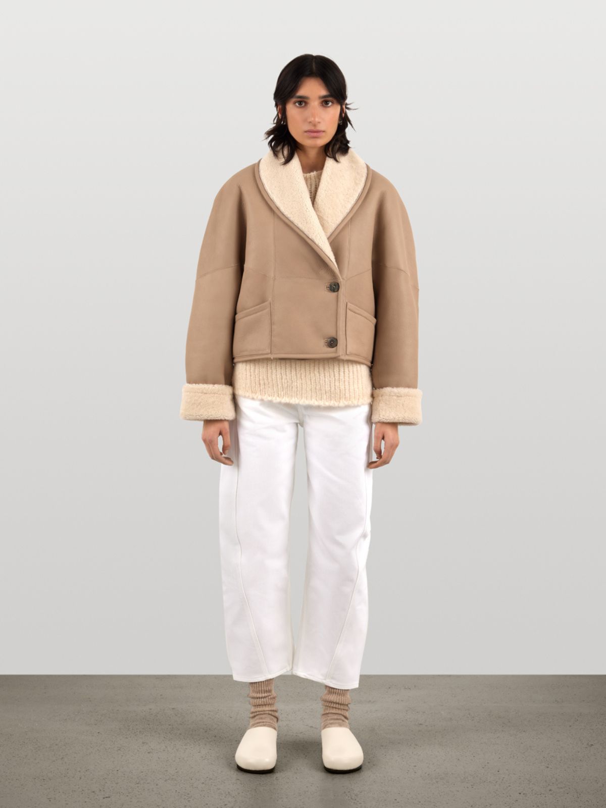 woman wearing White L9020 Crop Shearling Jacket by Gushlow & Cole on white background