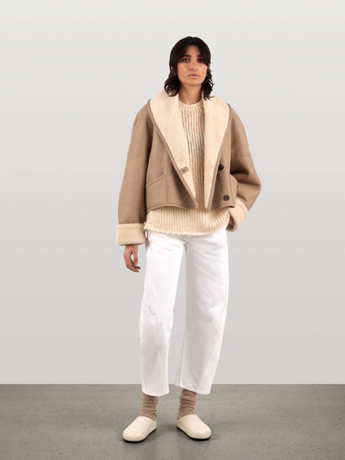 woman wearing White L9020 Crop Shearling Jacket by Gushlow & Cole on white background