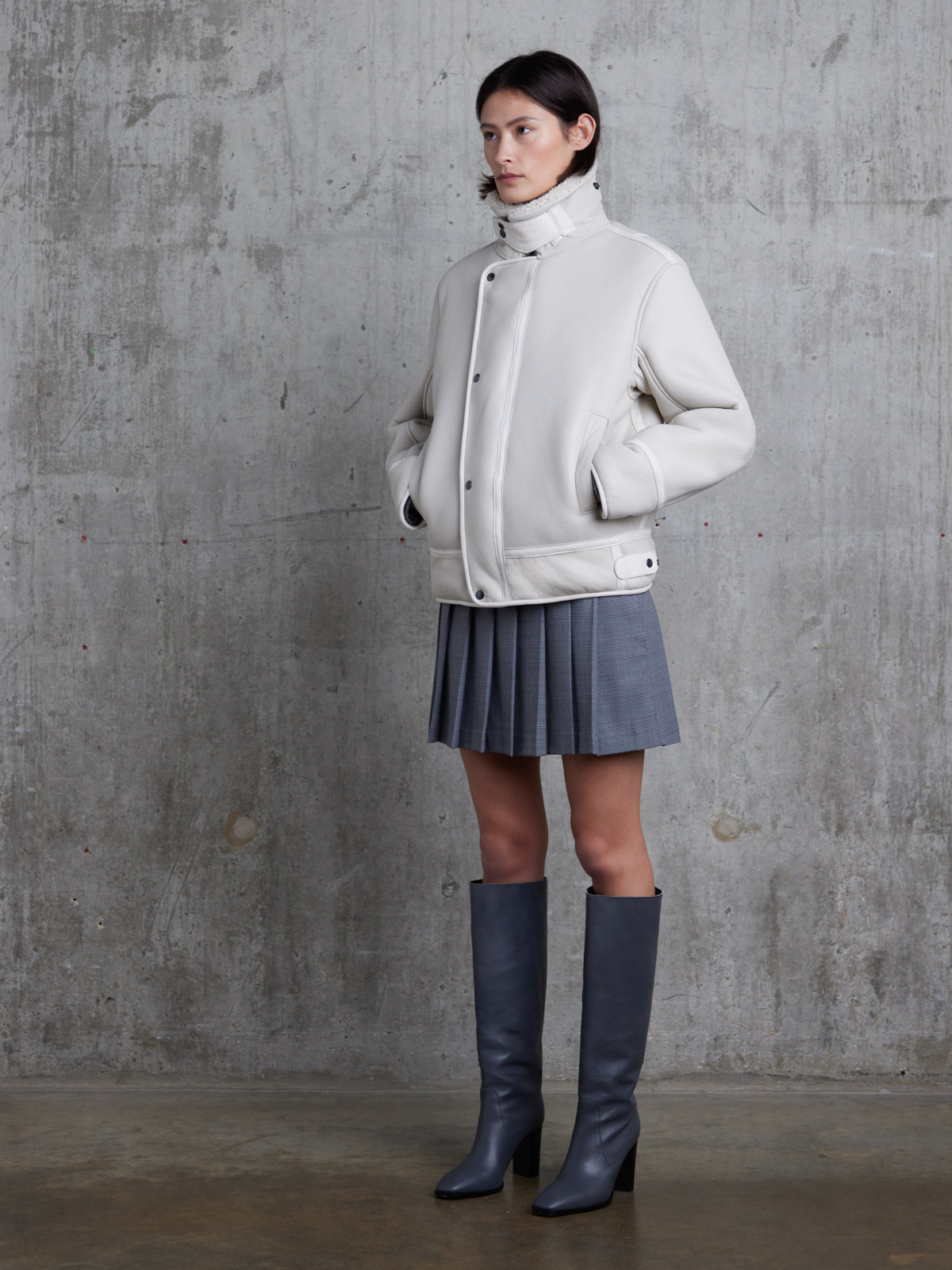 White Shearling Aviator Jacket | Womens | Gushlow & Cole - model full length coat closed