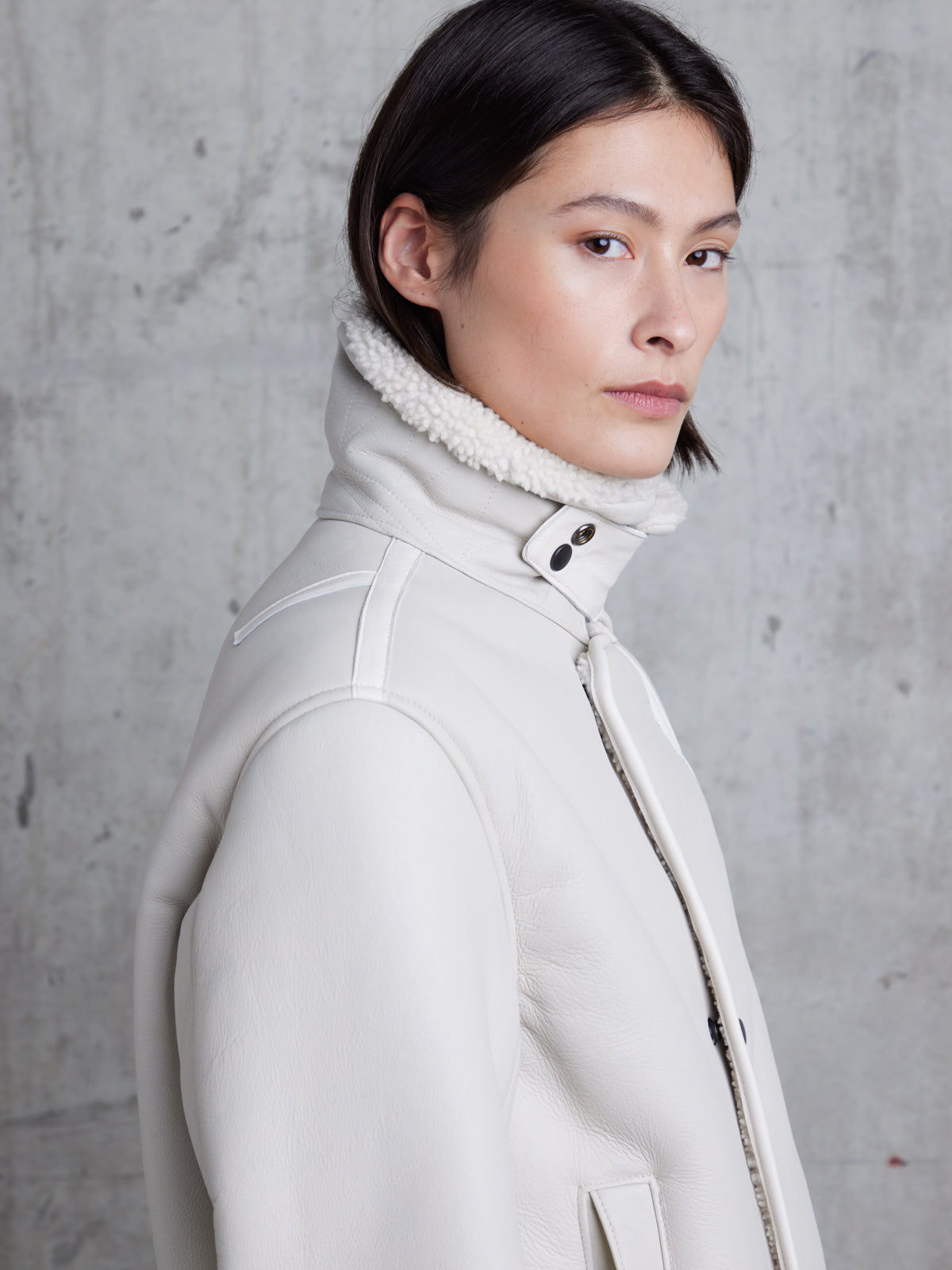 White Shearling Aviator Jacket | Womens | Gushlow & Cole - model crop
