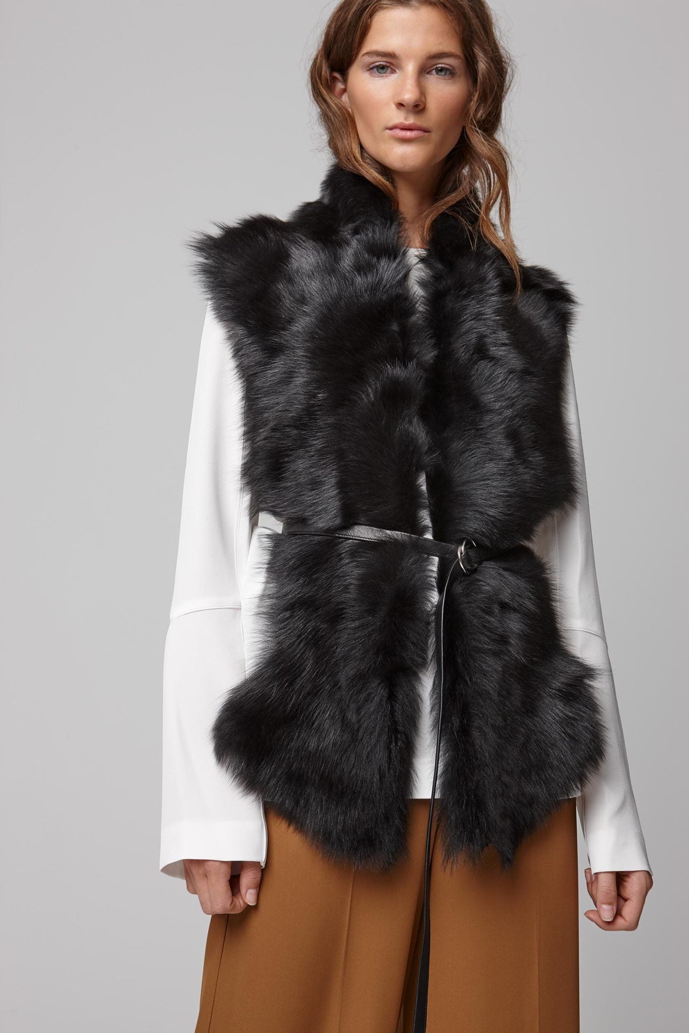 black long shearling scarf with detachable leather belt - women | gushlow and cole - cell image 3